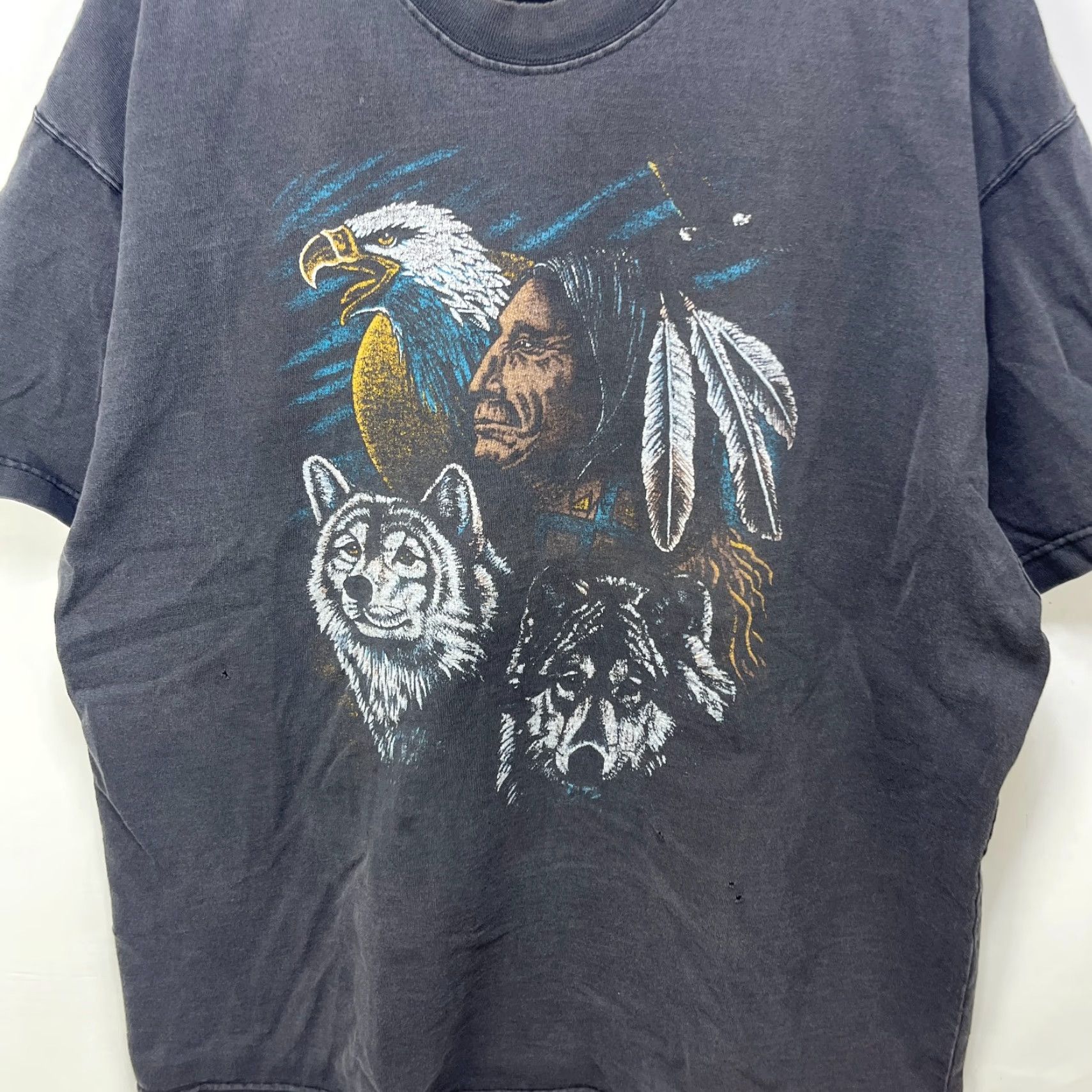 Native VINTAGE Sun Faded Native Biker Wolf Eagle Nature T Shirt 2XL Black Mens T-Shirt 90s- Style Converse Size US XXL / EU 58 / 5 - 2 Thumbnail
