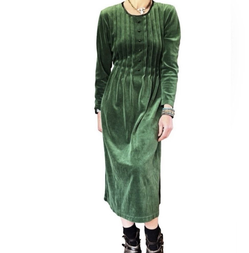 Vintage Vtg 80’s Fads Green Velvet Peasant Pleat Front Maxi Dress Size M / US 6-8 / IT 42-44 - 1 Thumbnail