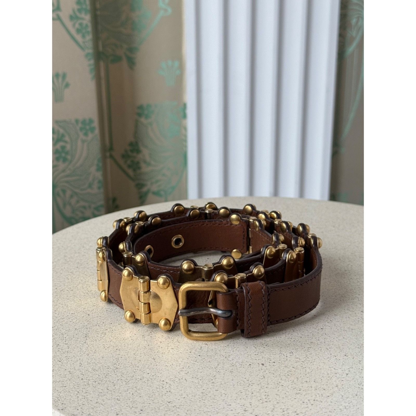 Miu Miu Miu Miu Leather Studded Grommet Buckle Brown Gold Belt 90/36 Size ONE SIZE - 13 Thumbnail