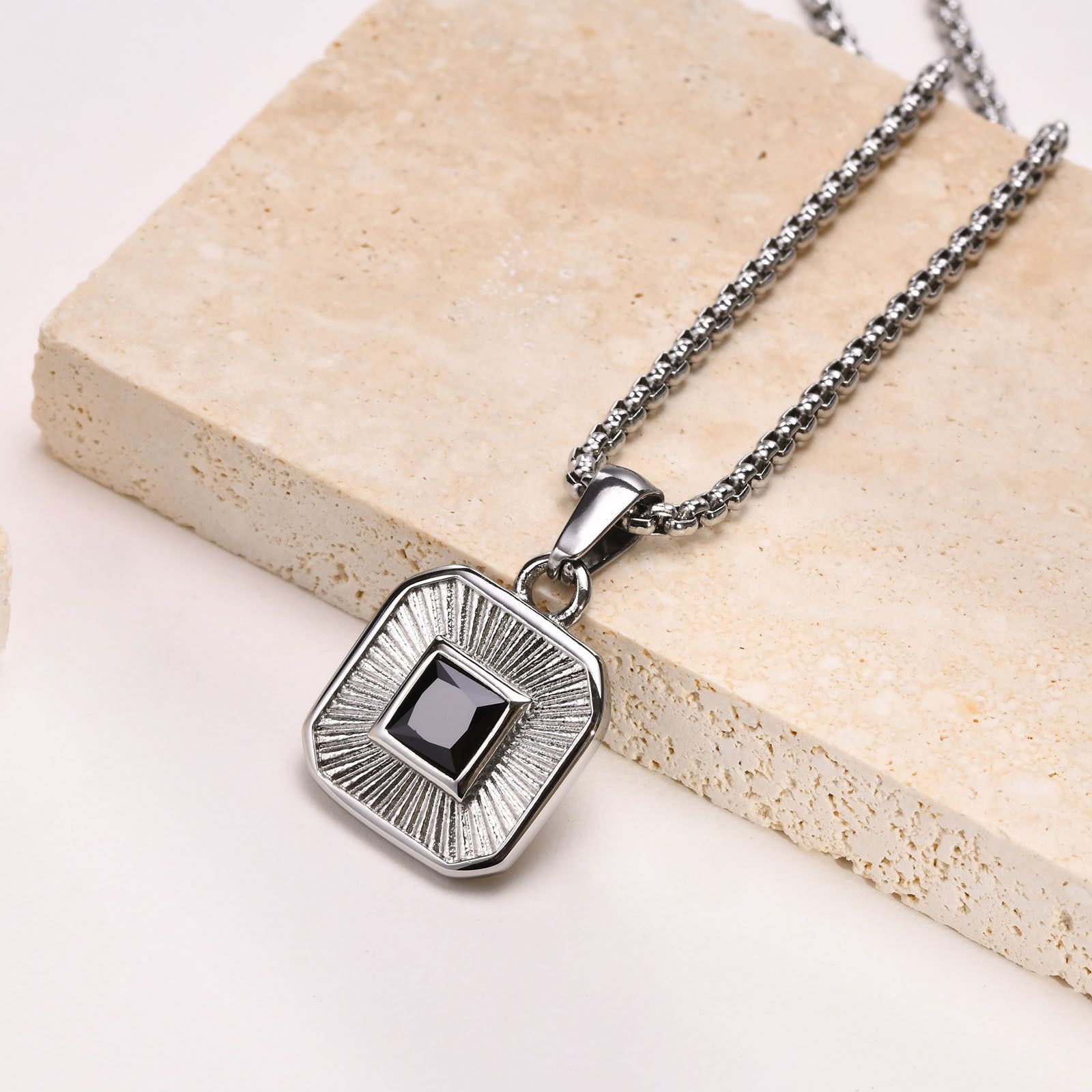 Jewelry 55cm Black Square Zircon Embossing Stainless Steel Necklace Size ONE SIZE - 1 Thumbnail