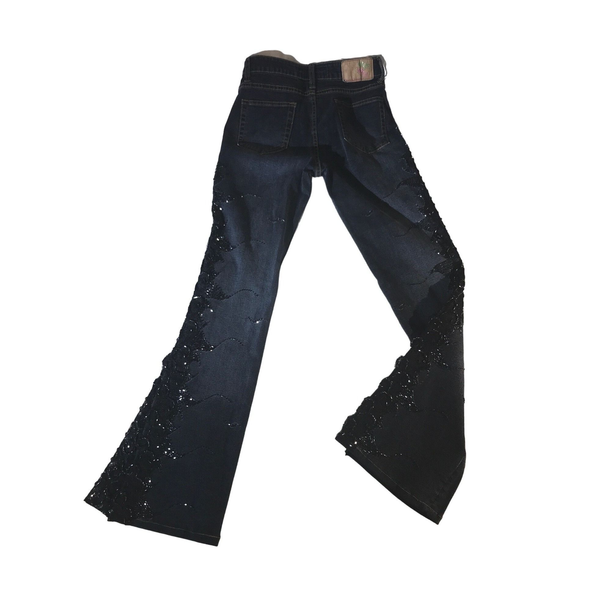 Vintage Sassy Thai Women's Vintage Blue & Black Beaded Flare Jeans Size 26" / US 2 / IT 38 - 2 Thumbnail