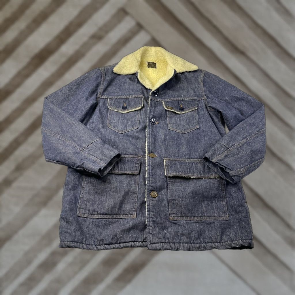 Sears VINTAGE ROEBUCKS Sears Denim Shearling Jacket Chore Coat Sherpa Lined 40 Tall Jeans Cotton Blue Men 80s 90s Western Cowboy Workwear Jacket Size US XXS / EU 40 - 1 Thumbnail