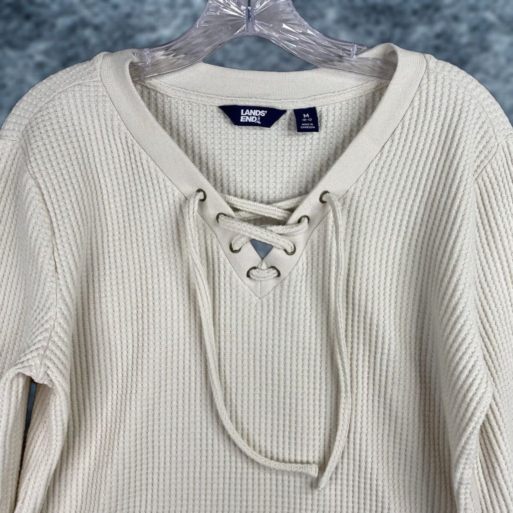 Lands' End Lands' End Top Womens M Cream Pullover Thermal Waffle Knit Lace Up Medium Weight Shirt Adult M Ivory Classic Casual 90s? Size M / US 6-8 / IT 42-44 - 1 Thumbnail