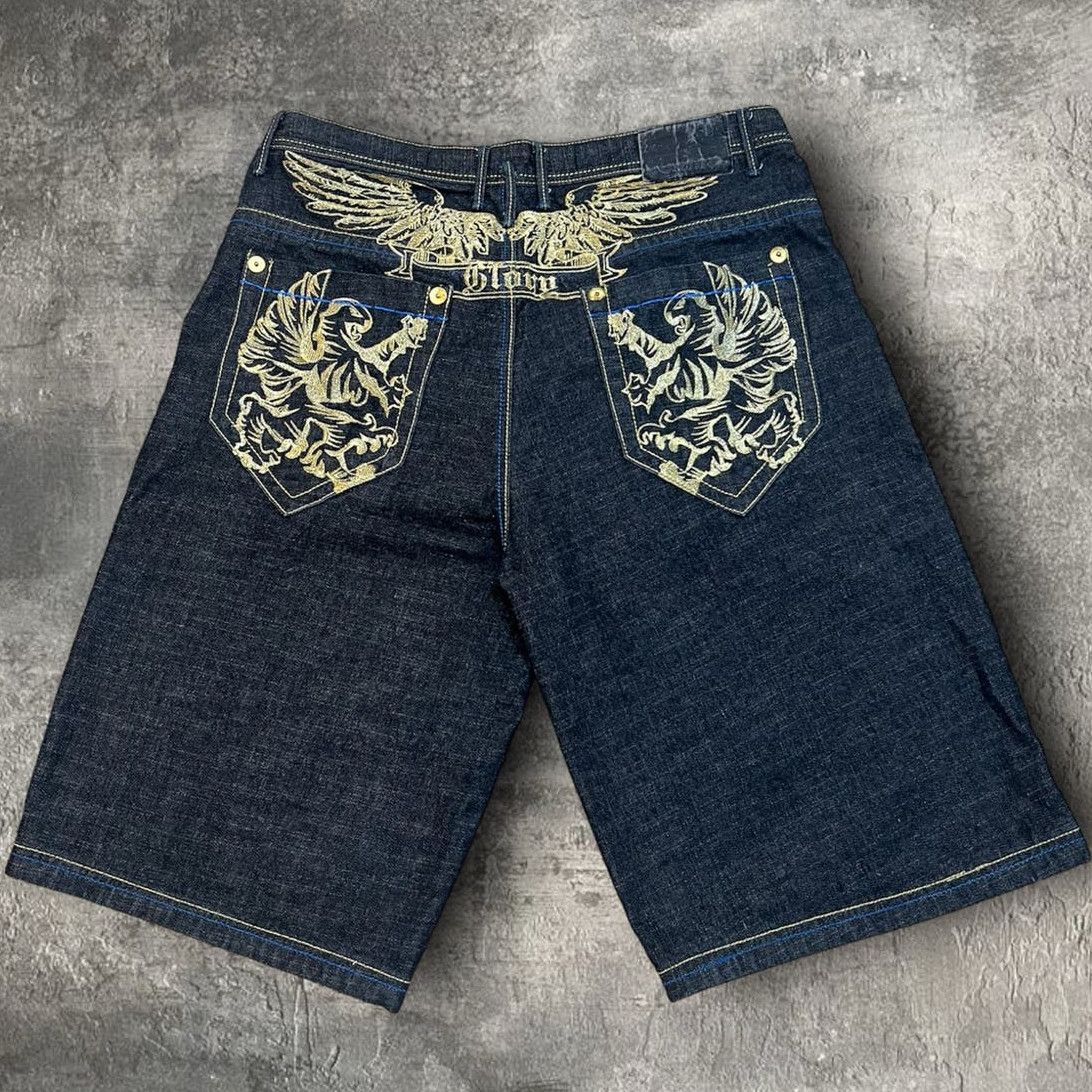 image of Clench Y2K Grunge Baggy Jean Shorts in Blue, Men's (Size 38)