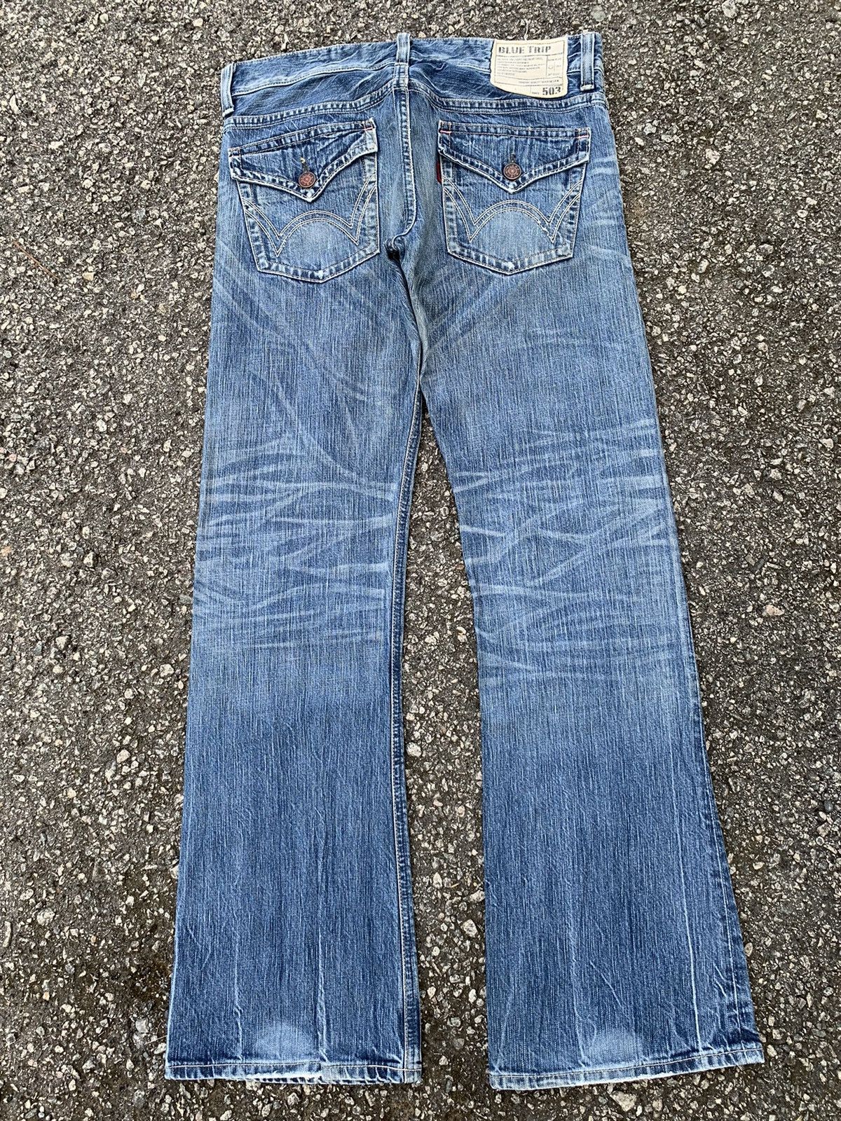 Japanese Brand FLARE💥EDWIN 503 FADED & RUSTY DISTRESSED DENIM Size US 35 - 3 Thumbnail