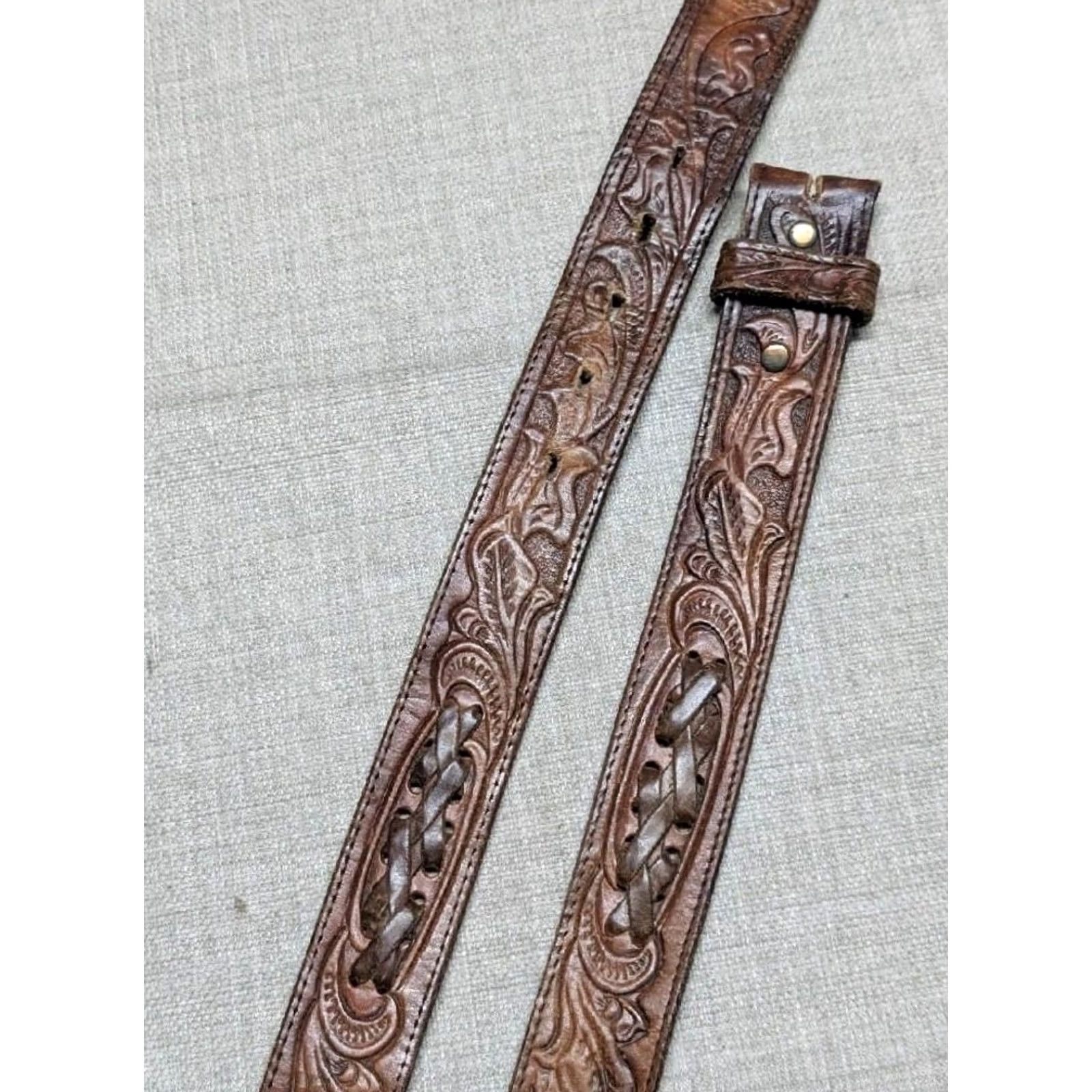 Vintage VINTAGE Silver Creek belt western belt Tooled cowhide leather 42 brown USA Made 42/43 Buckle Western Mens Size 42 - 5 Thumbnail