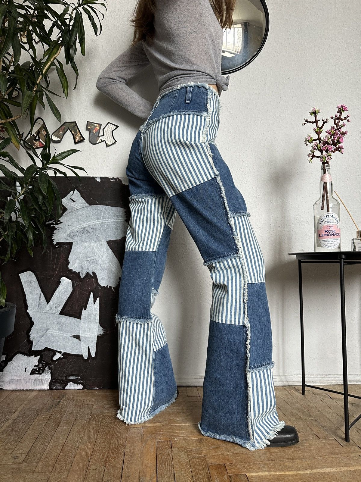 If Six Was Nine × Seditionaries Y2K Patchwork Denim Flared Baggy Stripe Jeans Size 32" / US 10 / IT 46 - 3 Thumbnail