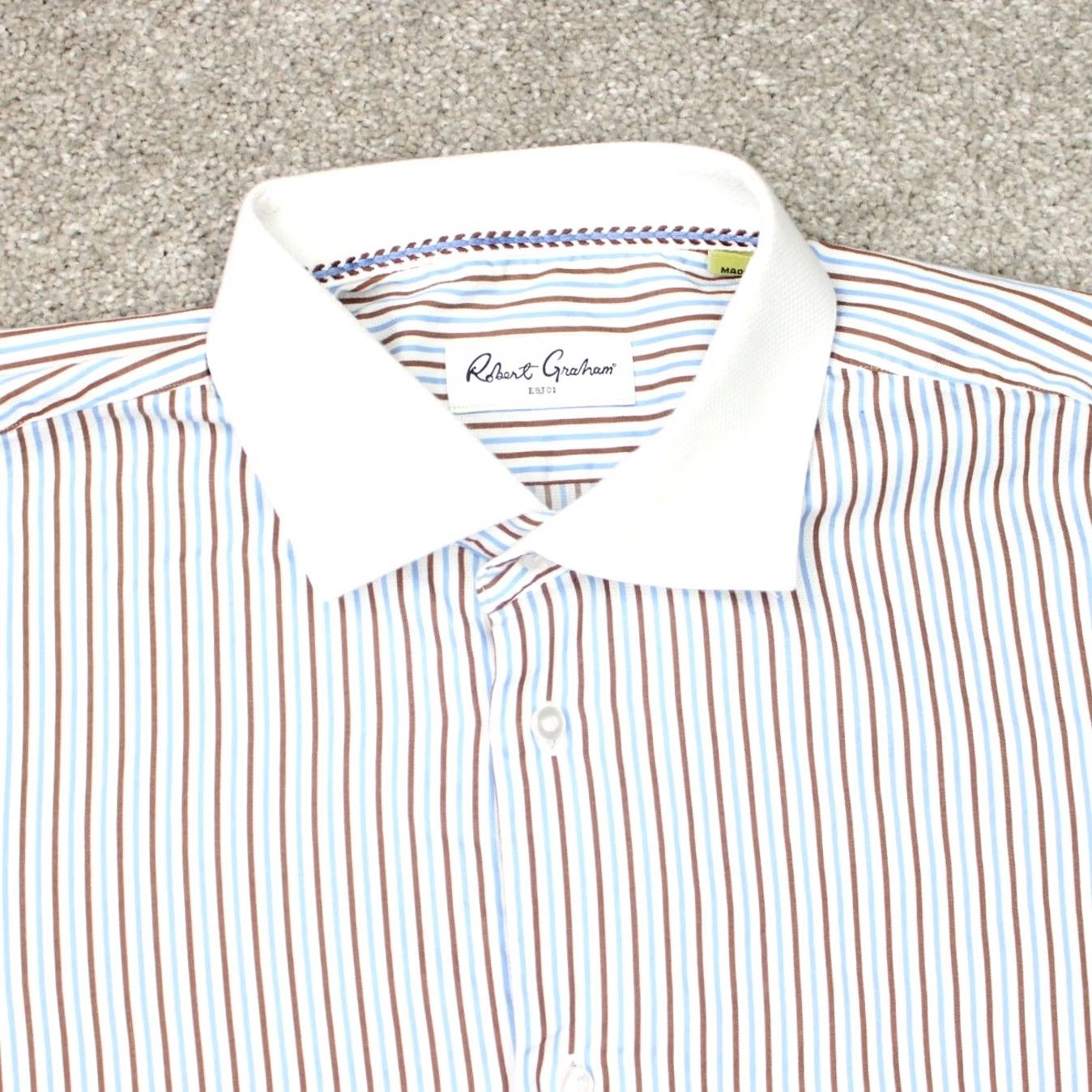 Robert Graham Robert Graham Shirt Mens 17.5 44 Blue/Brown Contrast Collar Cotton Long Sleeve Dress Shirt Mens Size US XXL / EU 58 / 5 - 6 Thumbnail