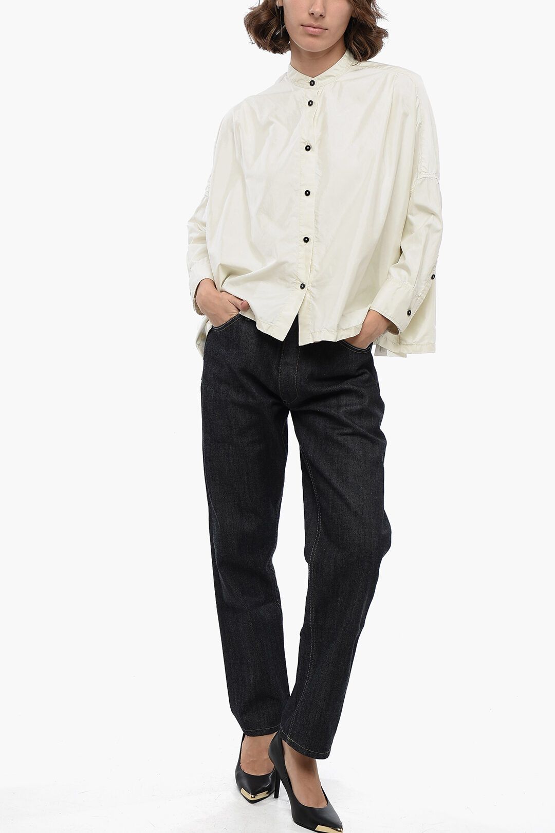 Jil Sander og1mm1225 Mandarin Collar Silk Blend Shirt in White Size S / US 4 / IT 40 - 4 Thumbnail