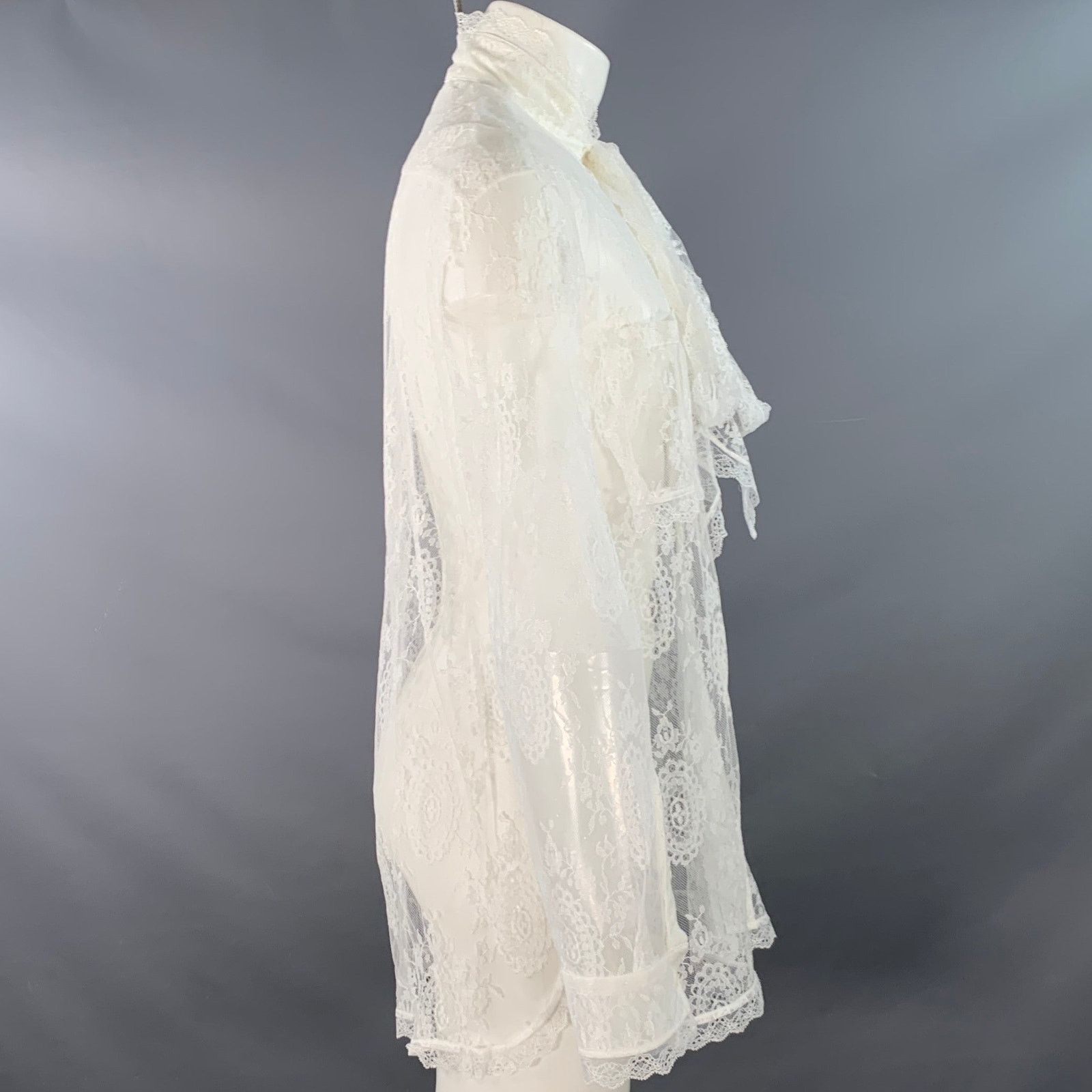 Burberry BURBERRY White Lace Viscose Blend Bow Long Sleeve Shirt Size US M / EU 48-50 / 2 - 2 Thumbnail