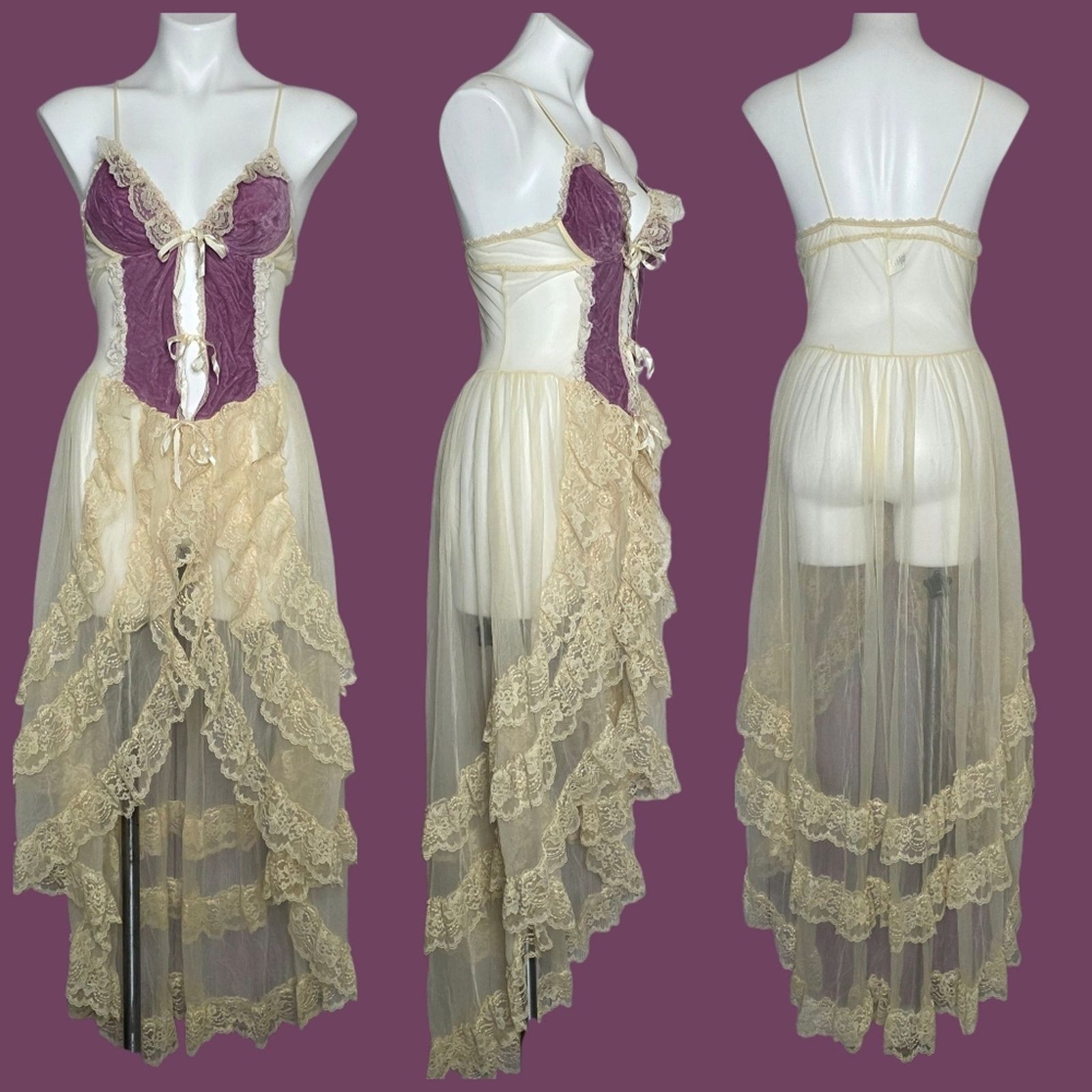 Vintage 70s Faris Treasure Purple Velvet & Lace Fairy Negligee Gown Size M / US 6-8 / IT 42-44 - 6 Thumbnail