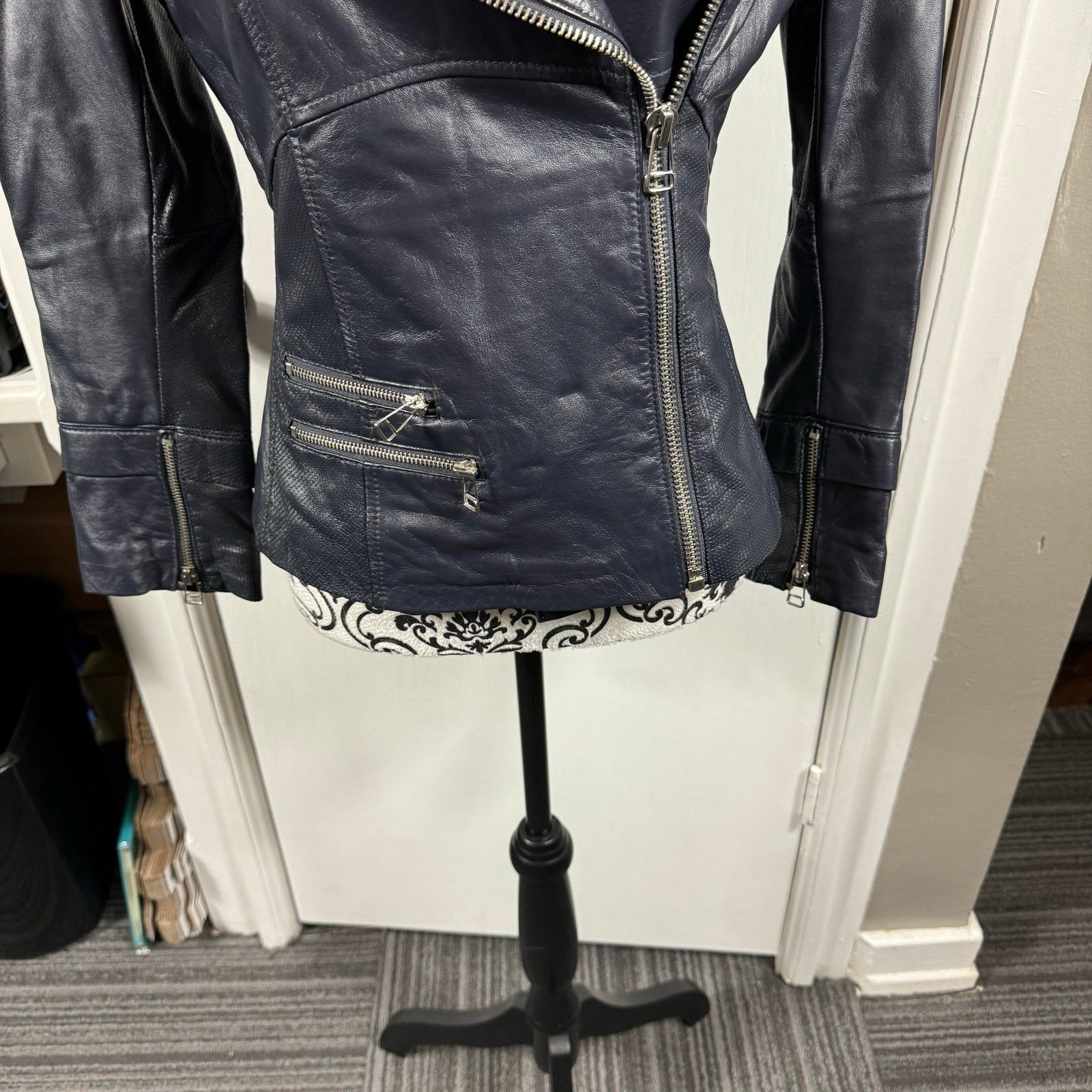 Other Philippe Adec navy blue 100% leather moto jacket size 4 Size S / US 4 / IT 40 - 3 Thumbnail