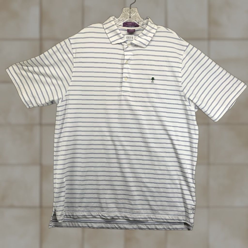 Vintage Martin Polo Shirt Mens XL White Blue Striped Embroidered Logo Golf Casual Easy Care 1921 Tree Size US XL / EU 56 / 4 - 1 Thumbnail