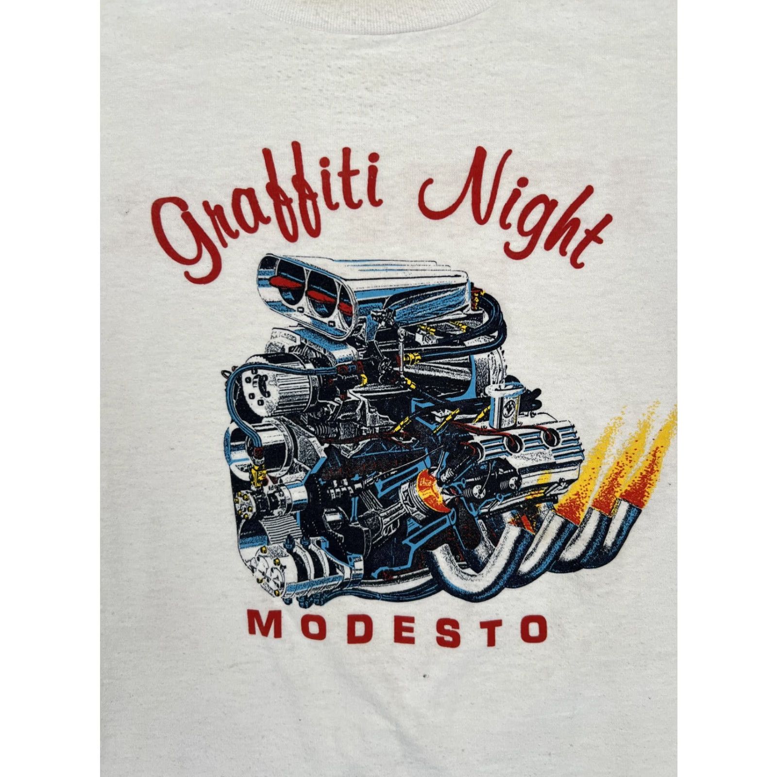 Vintage VINTAGE Graffiti Night Modesto T-Shirt Mens Large White Graphic Print Hot Rod Racing Size US L / EU 52-54 / 3 - 2 Thumbnail