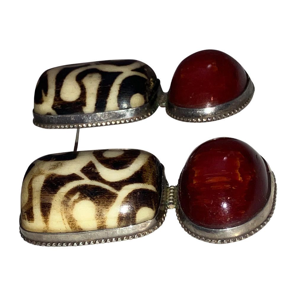 Designer Sterling Dyed Water Buffalo Bone Cherry Amber Earrings Size ONE SIZE - 4 Thumbnail