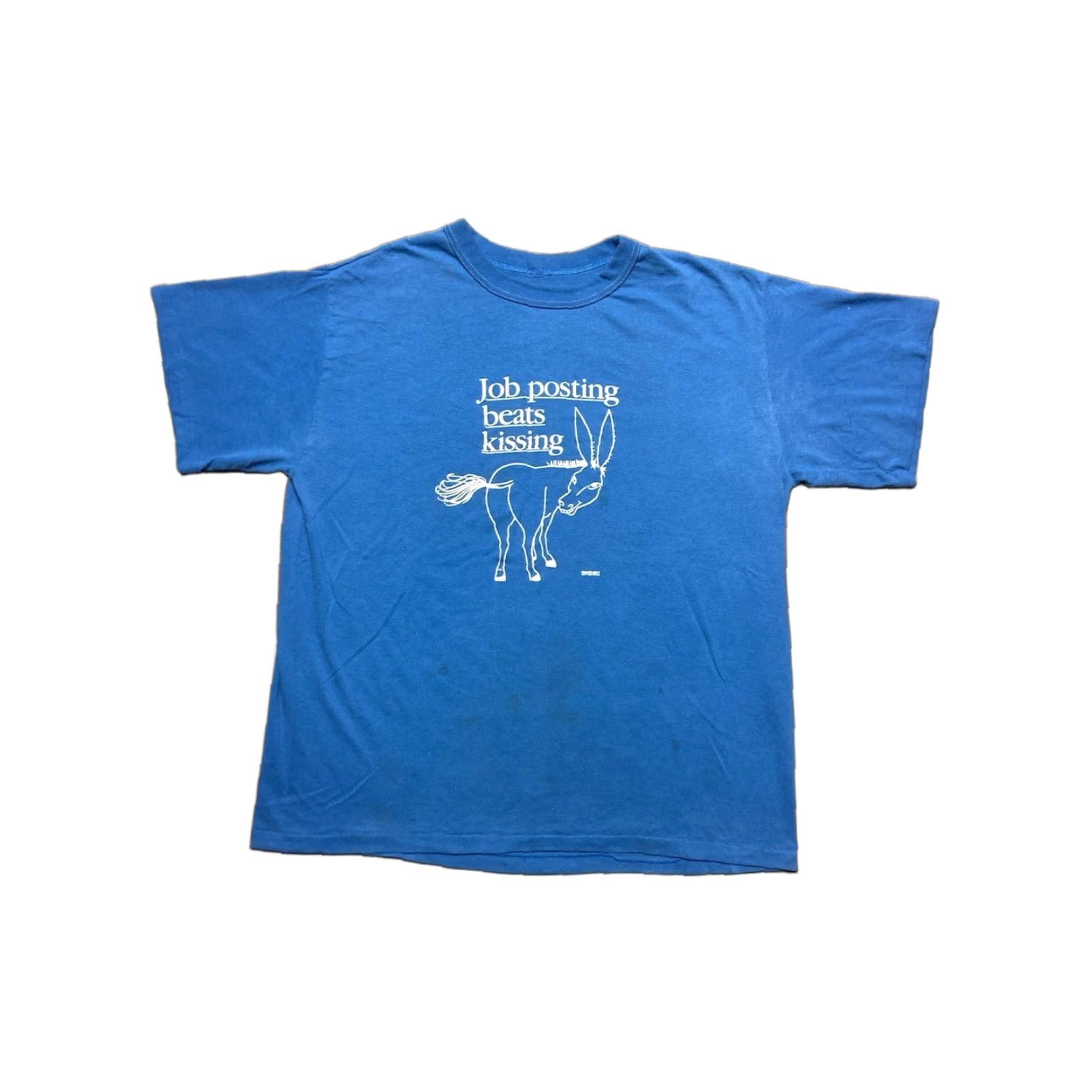 Vintage VINTAGE 80s Unbranded T-Shirt Men XL Blue 80s graphic job posting beats kissing ass donkey Union strike Shirts Mens Size US XL / EU 56 / 4 - 1 Thumbnail
