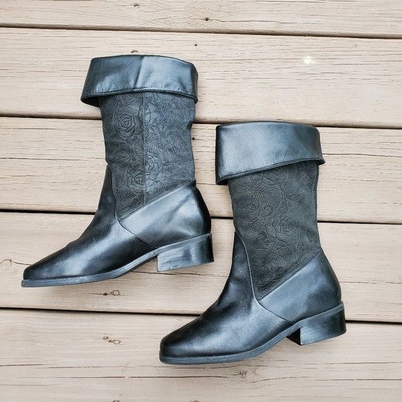 Vintage Vintage 90s y2k Black Floral Leather Fold Over Chunky Boots Size US 8.5 / IT 38.5 - 3 Thumbnail
