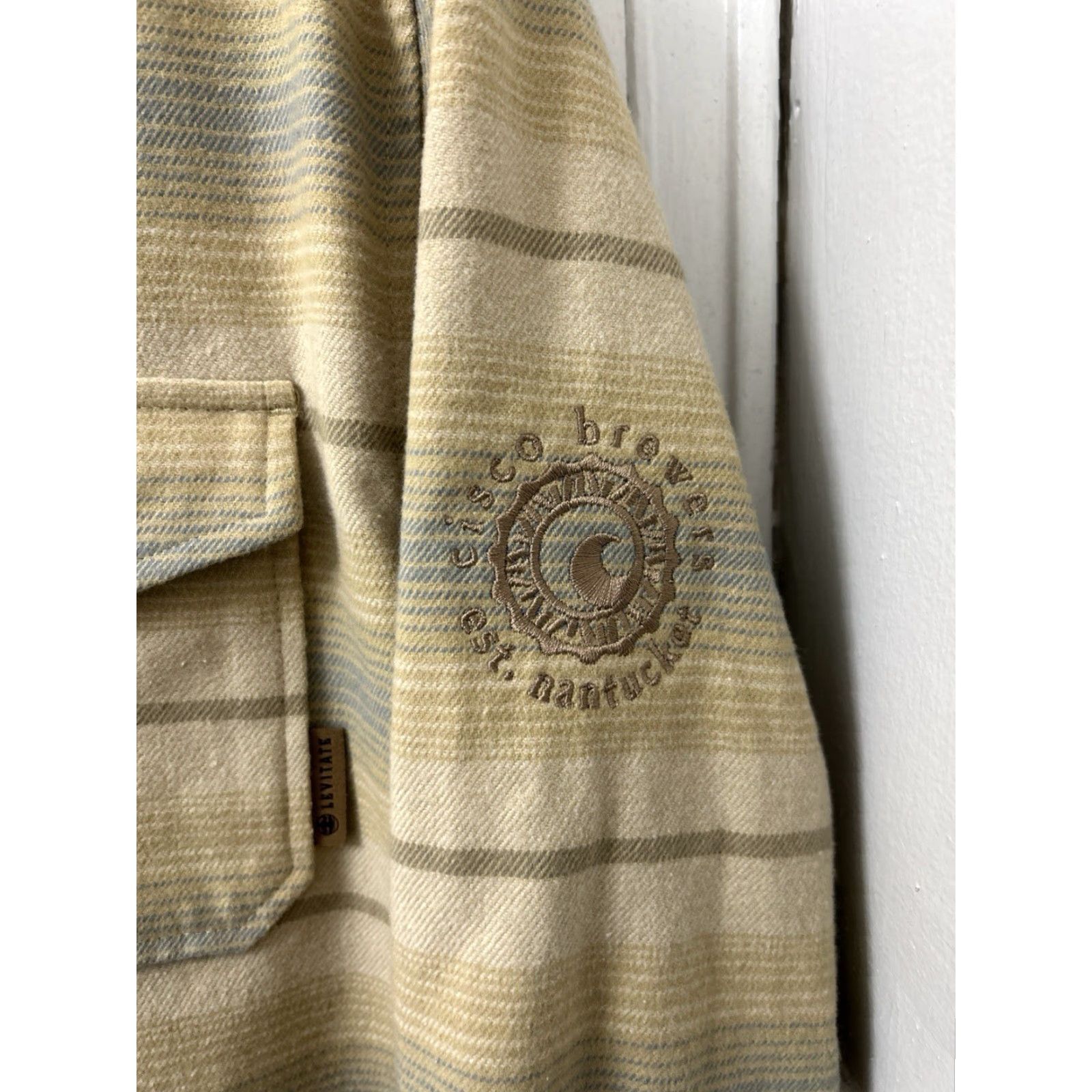 Vintage Levitate Shirt Mens M Tan Blue Striped Flannel Button-Down L/S Organic Cotton Recycled Polyester Pocket Embroidered Vintage: No Size US M / EU 48-50 / 2 - 5 Thumbnail