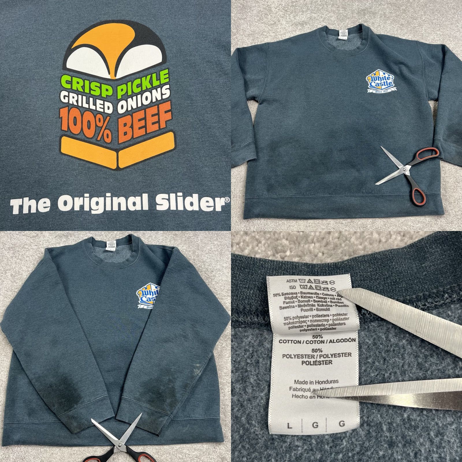 Gildan VINTAGE Gildan Sweatshirt Men Large Gray White Castle Retro Y2K Logo Graphic Print Stains Size US L / EU 52-54 / 3 - 8 Thumbnail