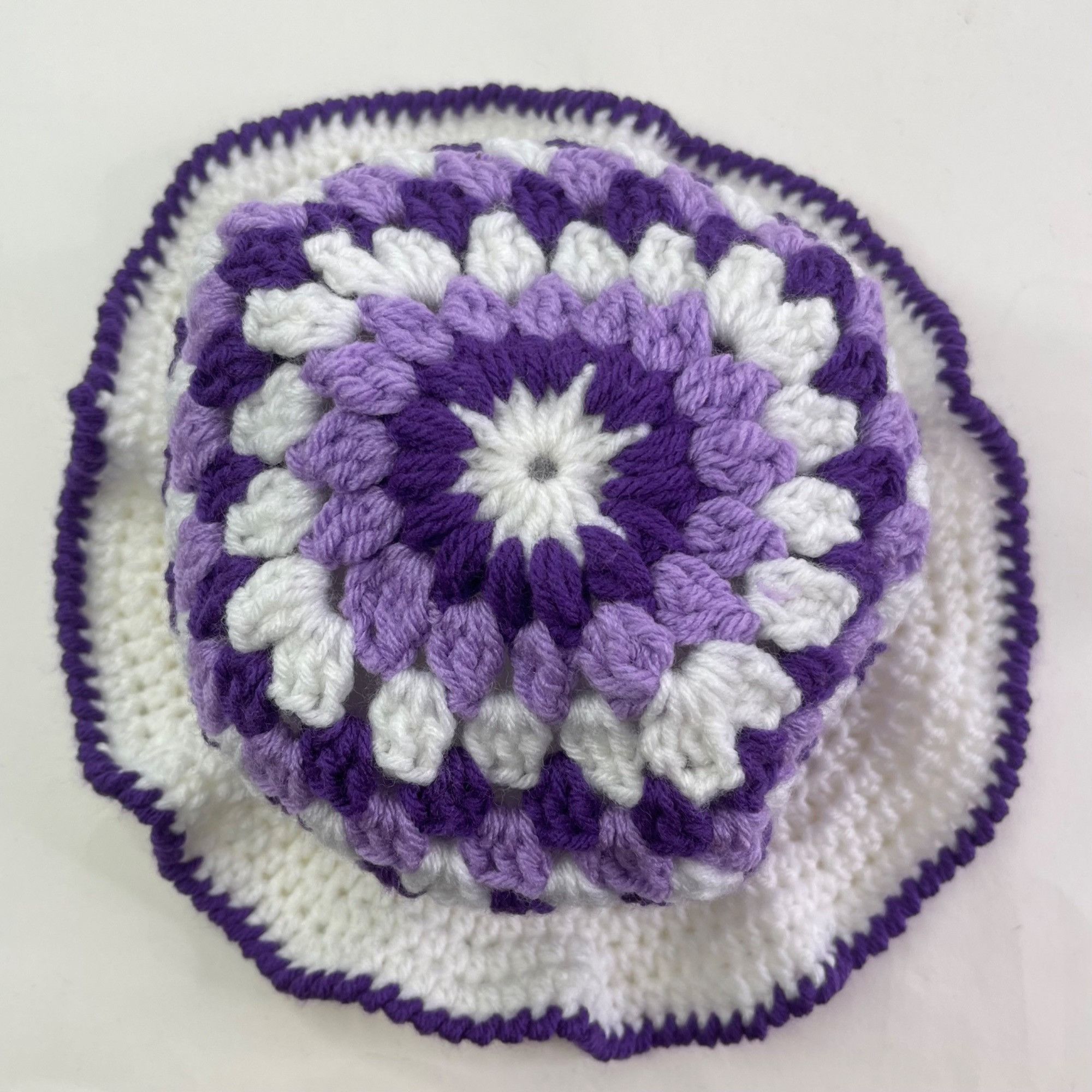 Handmade Crochet Bucket Hat Granny Square Pattern Purple and White Ad Size ONE SIZE - 5 Thumbnail