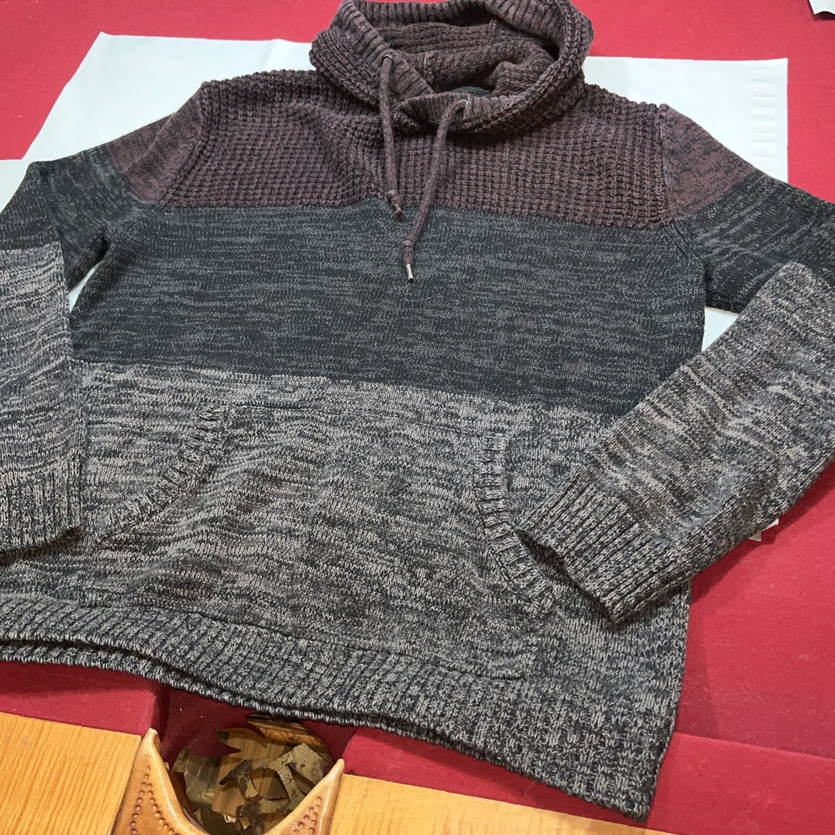Vintage Retrofit WAFFLE Knit Sweater Hoodie Front Pocket Purple Gray Black MENS XL Size US XL / EU 56 / 4 - 2 Thumbnail
