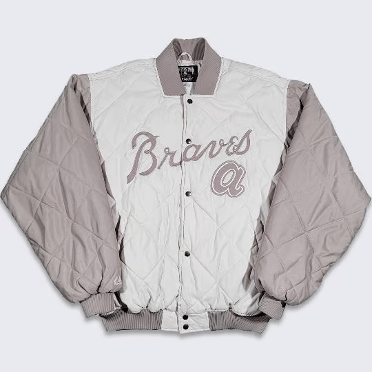 Image of Majestic x Mlb Atlanta Braves Vintage Cooperstown Collection Quilted Jacket in Beige (Size 2XL)