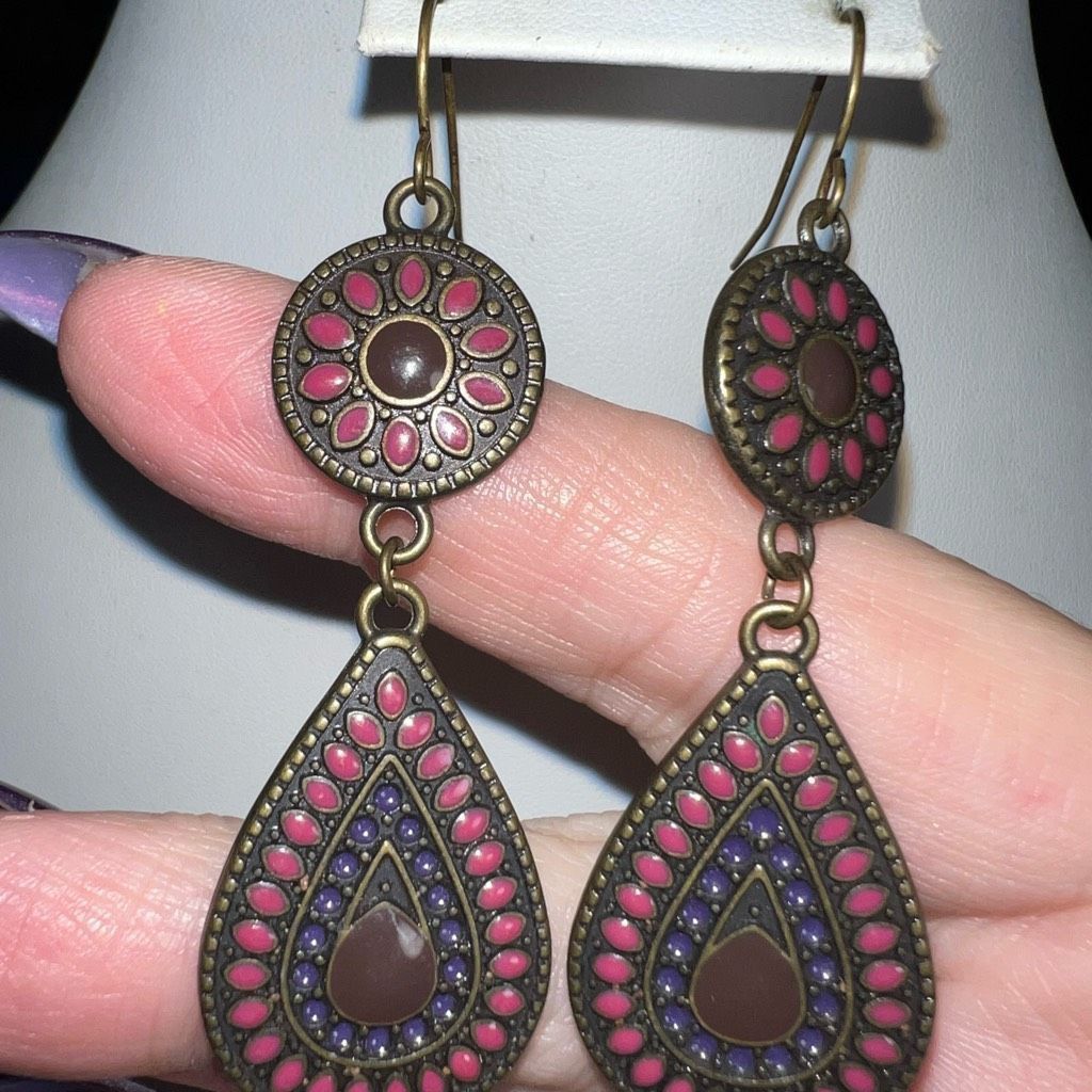 Vintage Vintage Bronze Tone Mosaic Teardrop Dangle Earrings Size ONE SIZE - 2 Thumbnail