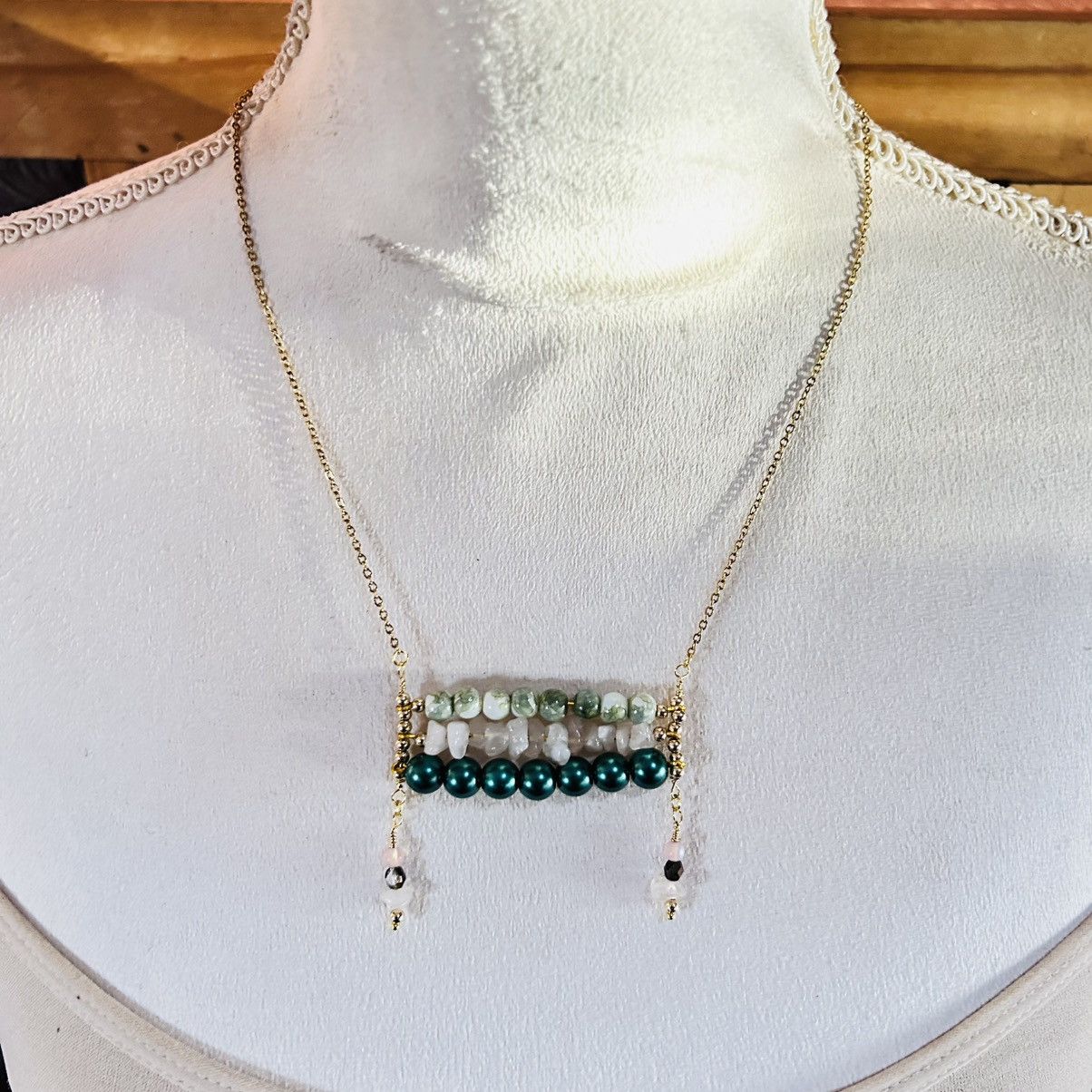 Handmade Handcrafted triple row bar stone pearl necklace Size ONE SIZE - 2 Thumbnail