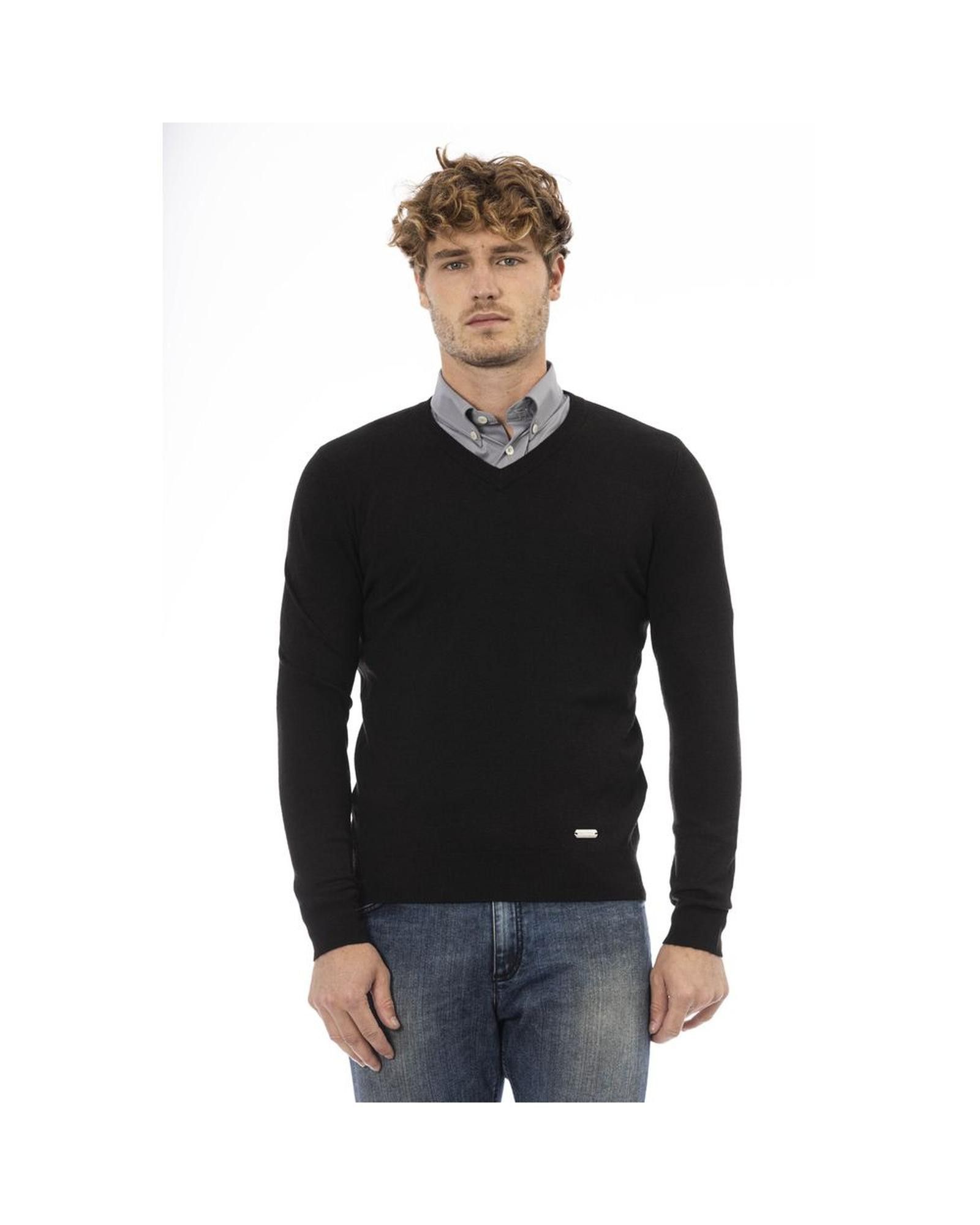 image of Baldinini Fine Ribbed Knit V-Neck Sweater in Black, Men's (Size XL)