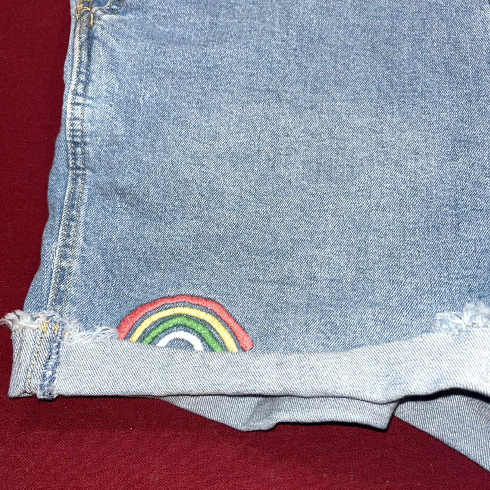 Vintage PRIDE Rainbow Blue Shortall Large Denim Shorts Bib Overalls Rainbow Straps Size 40" / US 18 - 3 Thumbnail