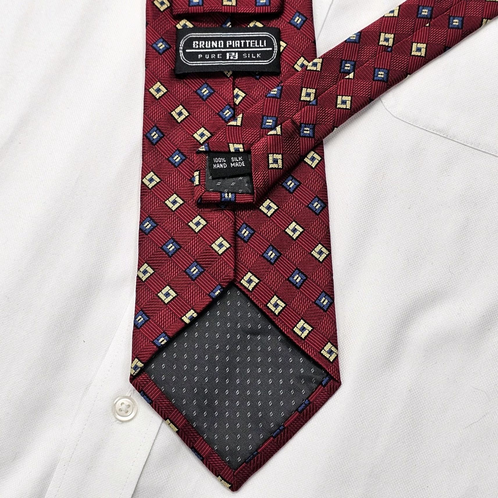 Asket VINTAGE Bruno Piattelli Silk Necktie Red Basket Weave Squares Hand Made Classic Mens Tie 57.5" X 4" Silk Necktie White? Wait. Size ONE SIZE - 4 Thumbnail