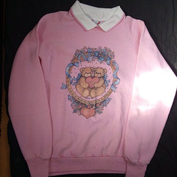 Jerzees × Vintage Vintage Teddy Bears Hearts Flowers Collared Sweatshirt Size M / US 6-8 / IT 42-44 - 2 Thumbnail