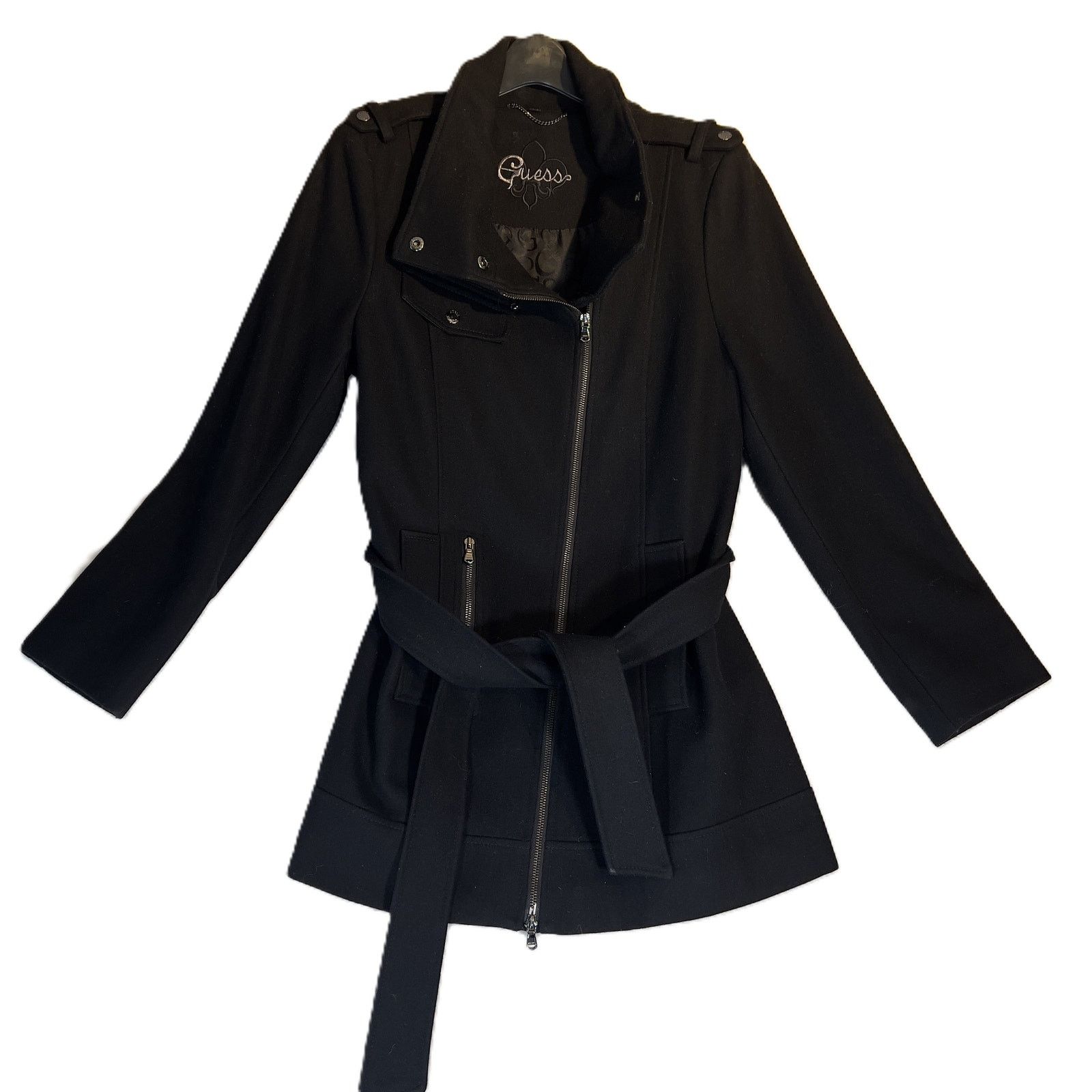 Guess Guess Wool Blend Full Zip Pea Coat Woman Large Pockets Belt Size L / US 10 / IT 46 - 1 Thumbnail