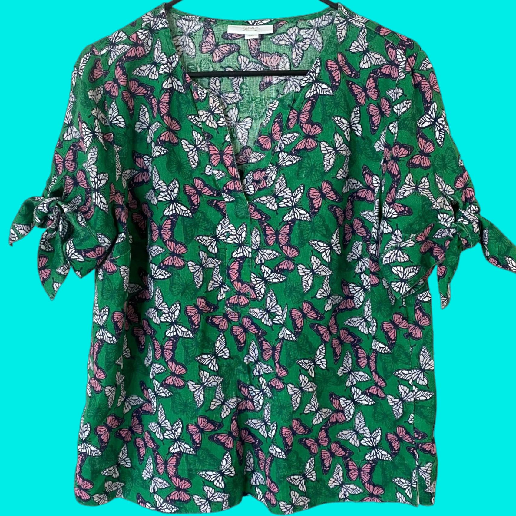 Charter Club VINTAGE Charter Club Linen Butterfly-Print Tie-Sleeve Top Green Women's Size Medium Size M / US 6-8 / IT 42-44 - 1 Thumbnail