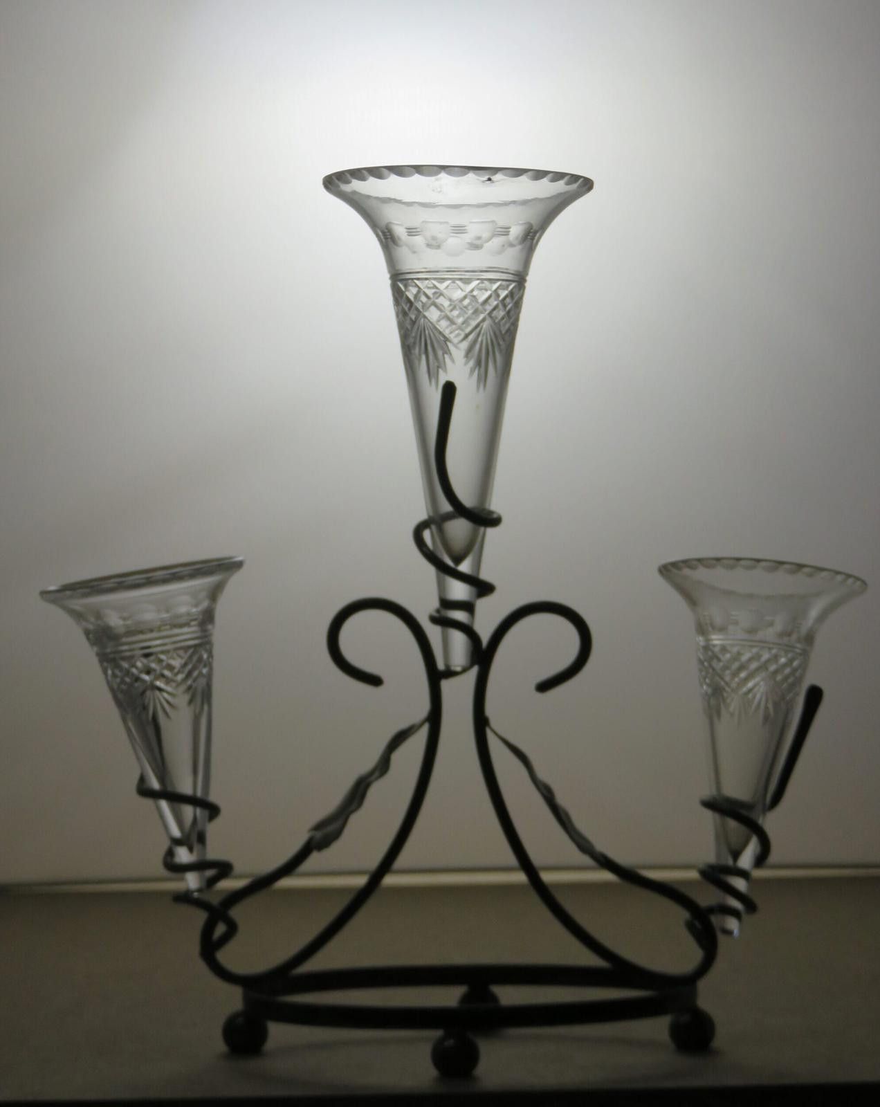 The Unbranded Brand Vintage Metal Stand with 3 Cut Crystal Flutes 11 1/2" Size ONE SIZE - 2 Thumbnail