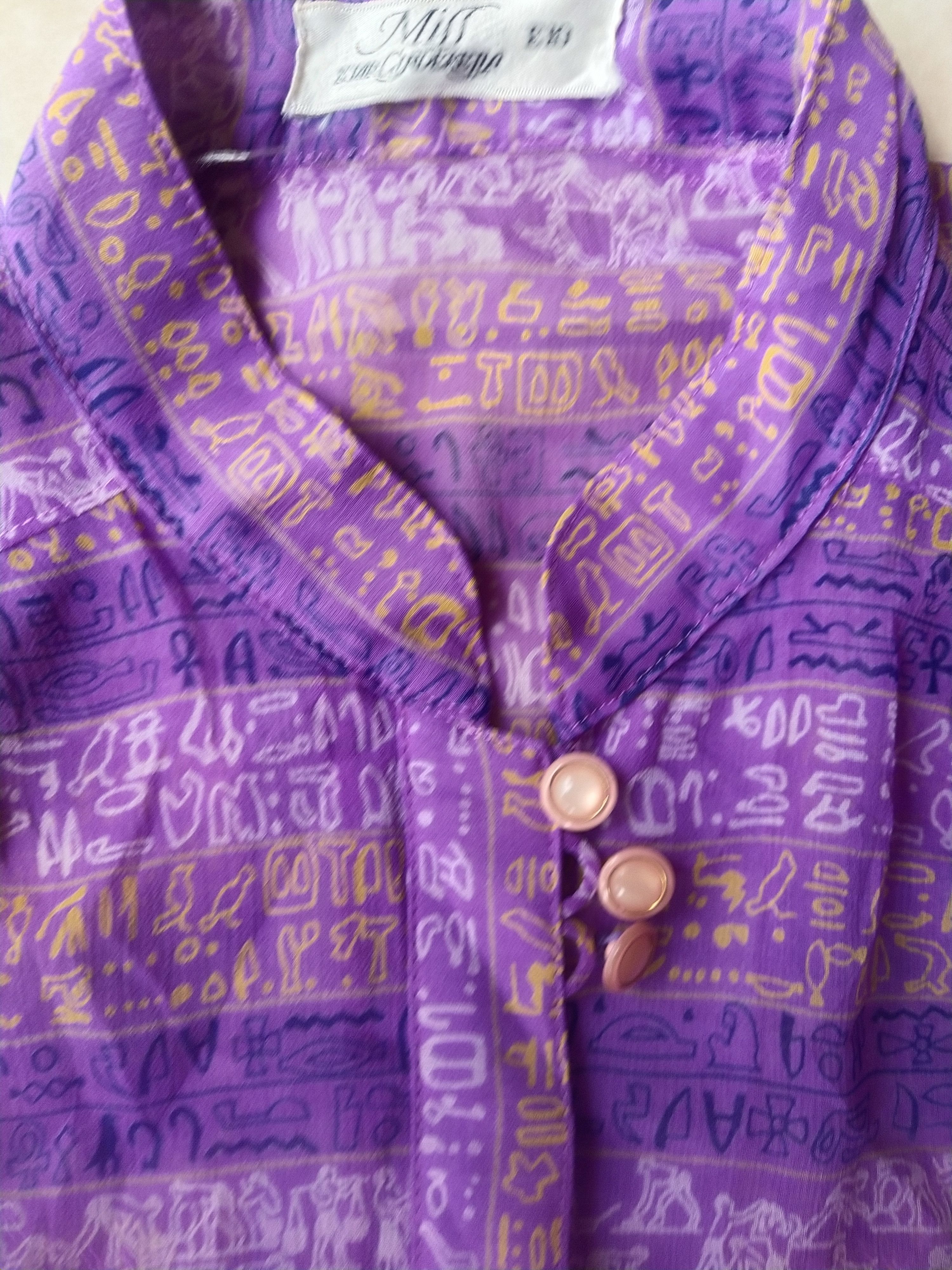 Vintage 1980s Egyptian Hieroglyph Sheer Purple Blouse Vintage Japan Size M / US 6-8 / IT 42-44 - 3 Thumbnail