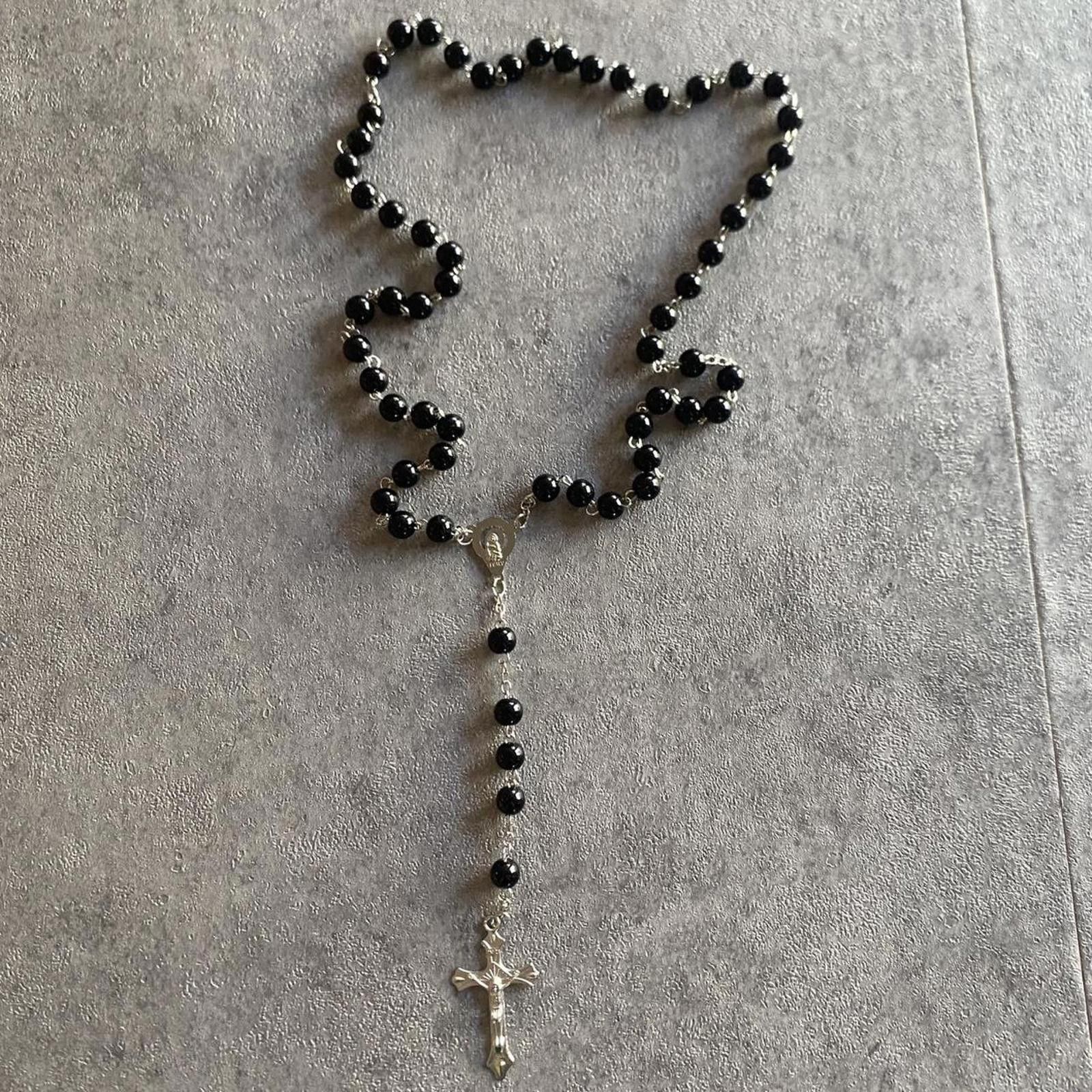Other Y2k skate grunge urban black rosary necklace silver cross Size ONE SIZE - 1 Thumbnail