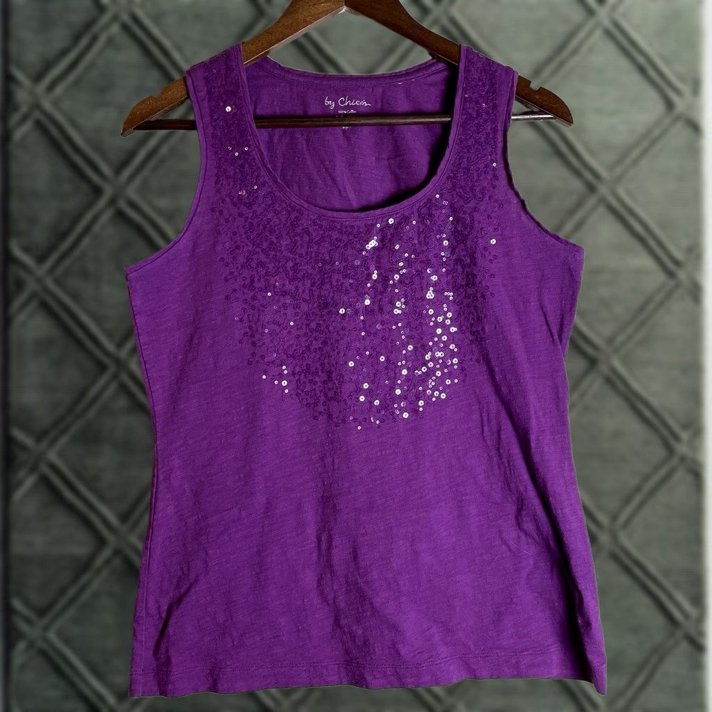 Vintage Chico’s Tank Top Blouse Shirt Sleeveless Purple Plum Sequin Casual Evening Sparkle M Womens Size M / US 6-8 / IT 42-44 - 1 Thumbnail