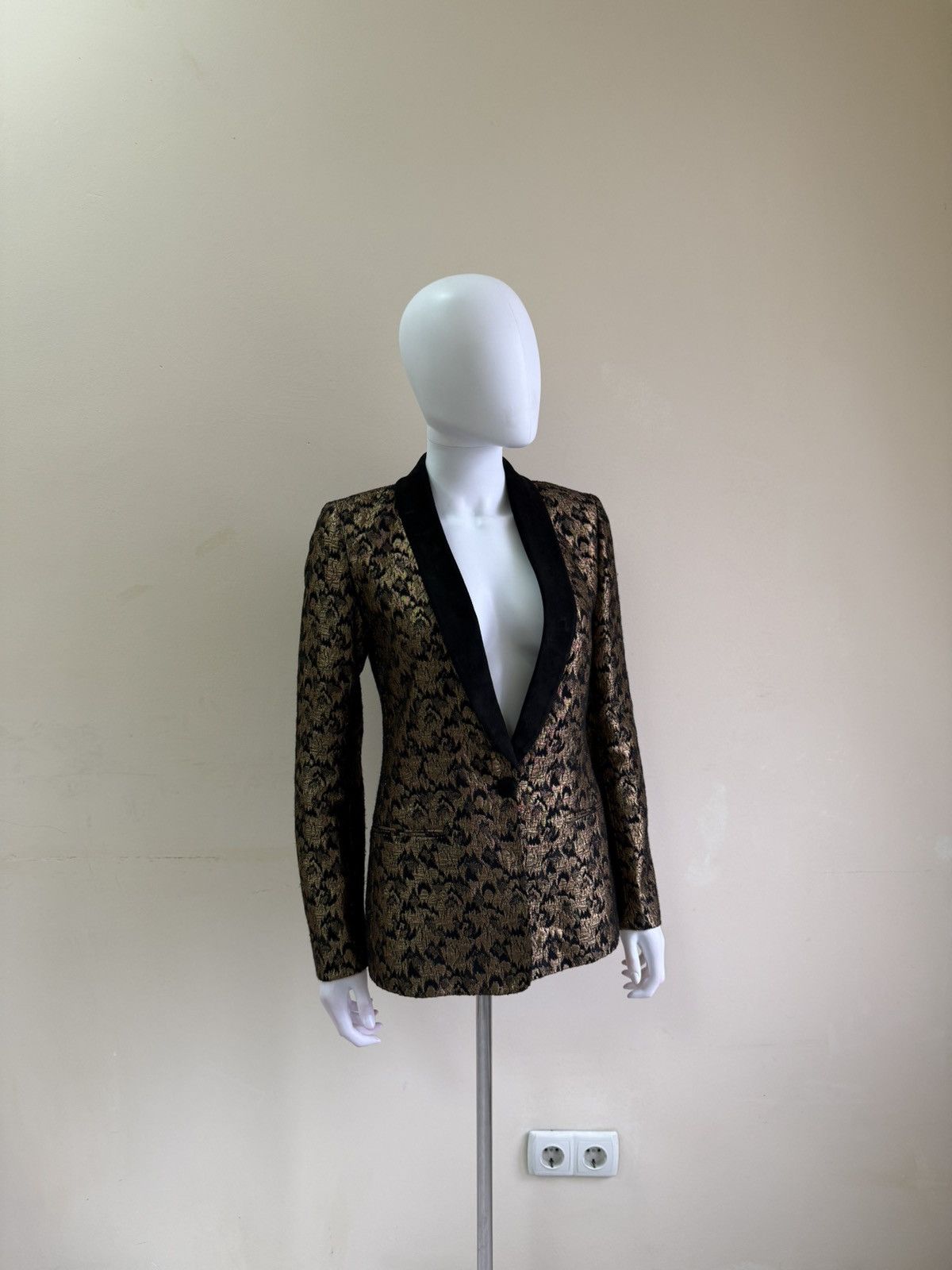 Sezane Womens Black Gold Jacquard Blazer Jacket Size 36