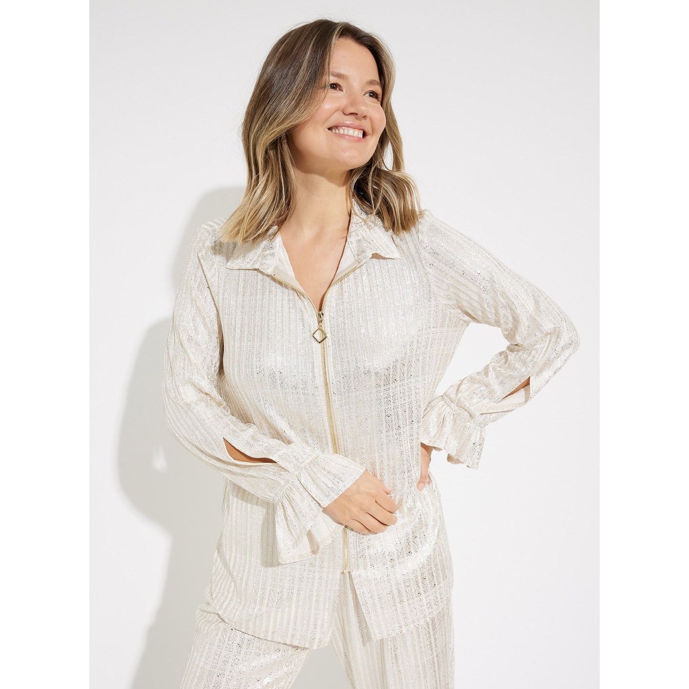 Joseph Ribkoff Joseph Ribkoff Beige/Gold Zip Shimmer Jacket Shacket Top 8 Size M / US 6-8 / IT 42-44 - 2 Thumbnail