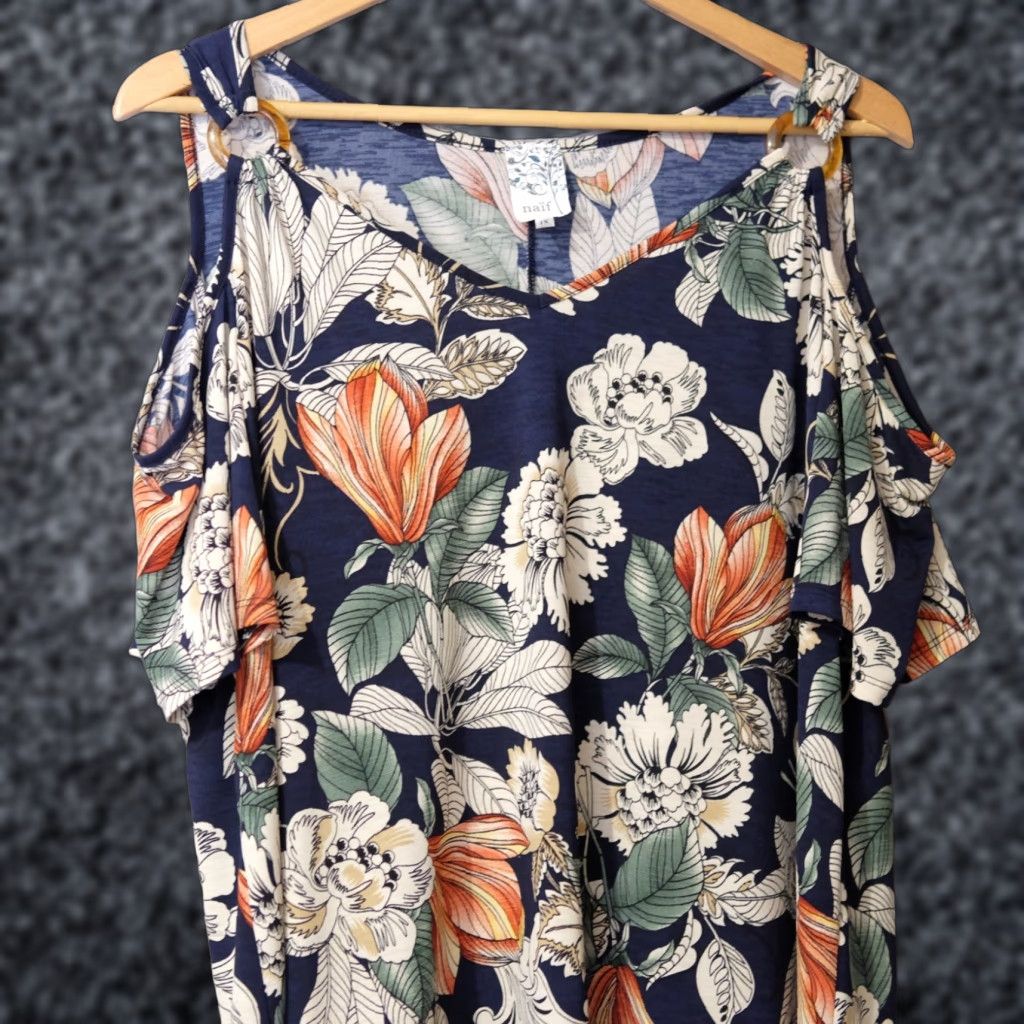 Vintage Naif Cold Shoulder Floral Blouse Navy Lightweight Women's 1X #H97-21 Size XL / US 12-14 / IT 48-50 - 1 Thumbnail