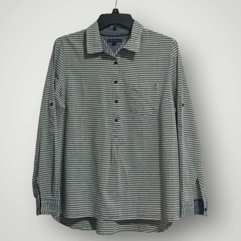 Tommy Hilfiger Tommy Hilfiger Gray Striped 3/4 Popover Women's Blouse Large Size L / US 10 / IT 46 - 1 Thumbnail