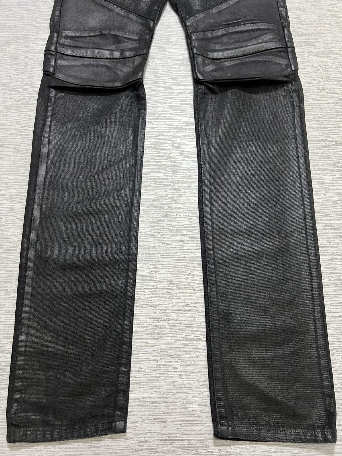 Balmain Waxed Leather Detailed Biker Jeans