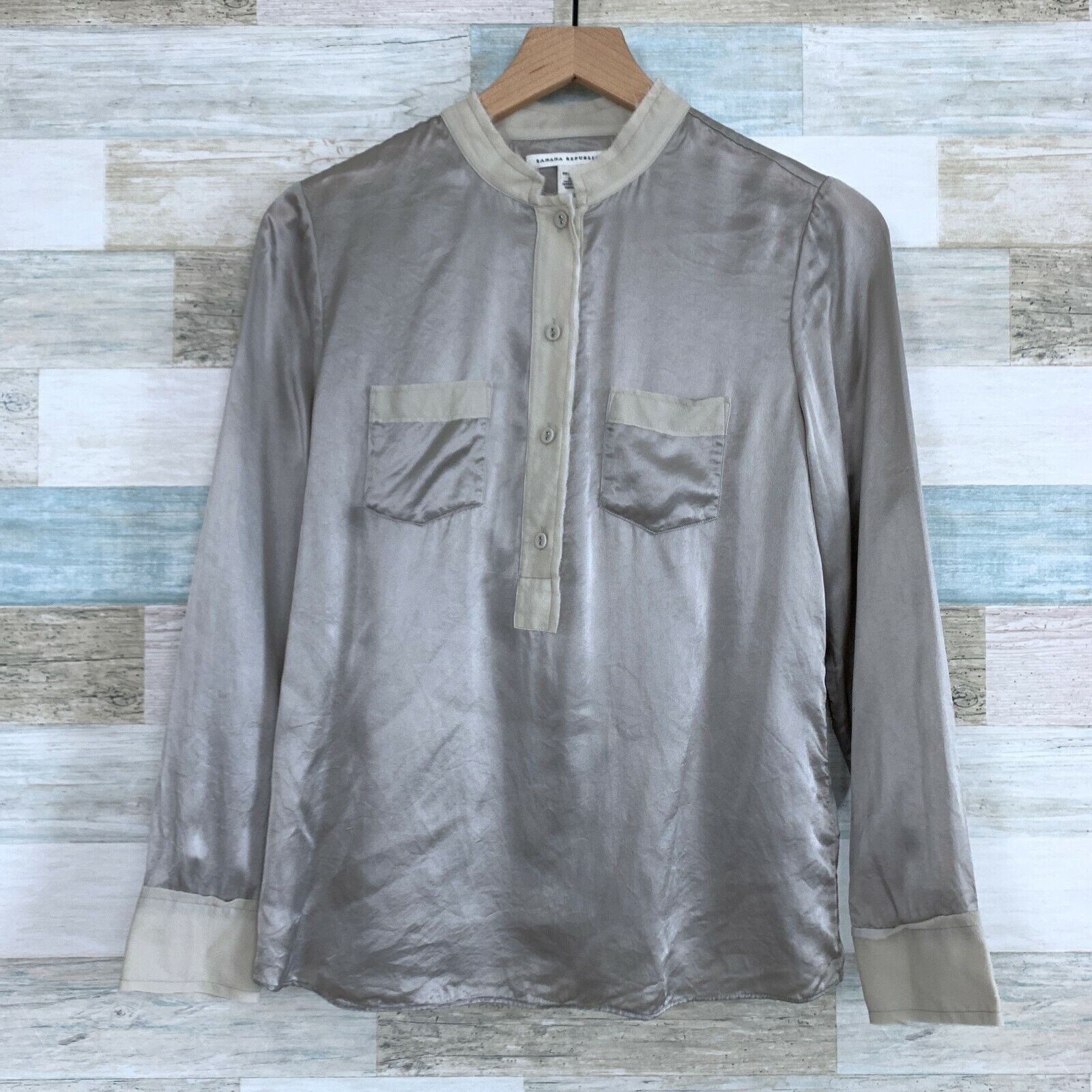 Banana Republic Banana Republic Charmeuse Silk Fringe Trim Blouse Gray PS Size S / US 4 / IT 40 - 1 Thumbnail