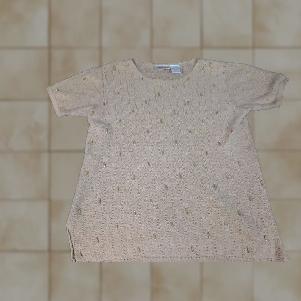 Worthington Worthington Womens Sweater Pullover Bell Sleeve Round Neck Short Sleeve Beige Knit Cotton Ramie Bow Button Petite Ladies Womens Size L / US 10 / IT 46 - 1 Thumbnail