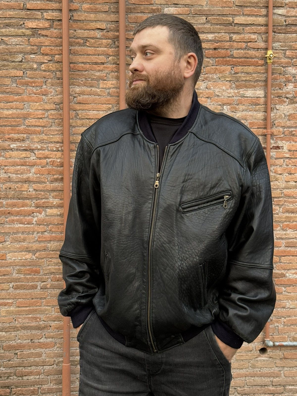 image of Vintage Leather Bomber Jacket in Black, Men's (Size XL)