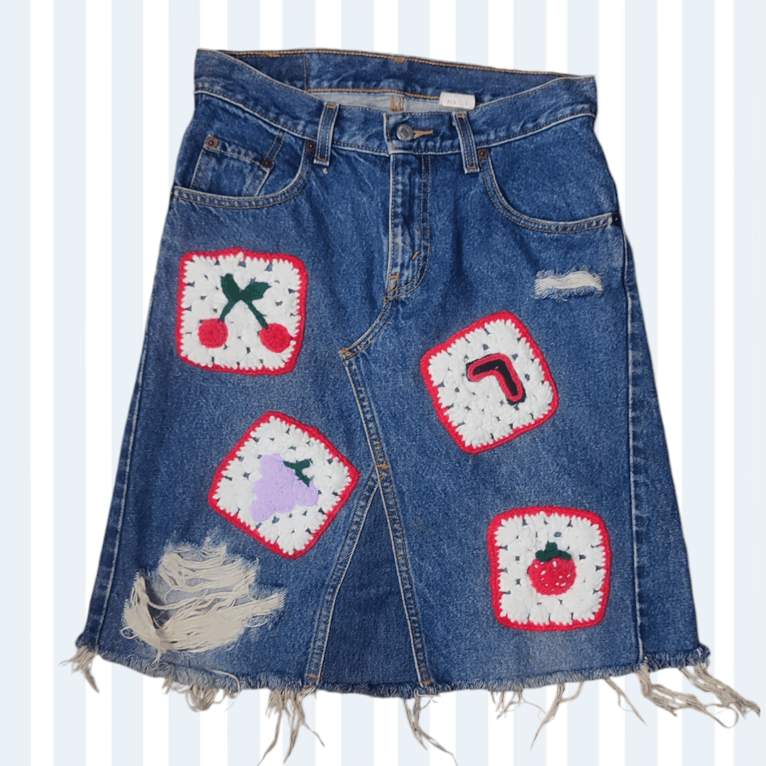 Handmade × Levi's Vintage Clothing Midi skirt Levi's custom made Granny Square crochet patches Size 29" - 1 Thumbnail