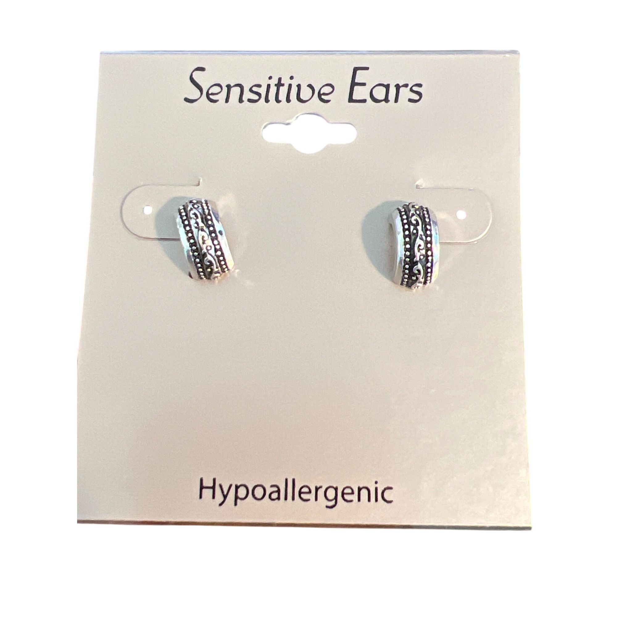 Other Silver Tone Etched Half Hoop Earrings Sensitive Ears Hypoall Size ONE SIZE - 1 Thumbnail