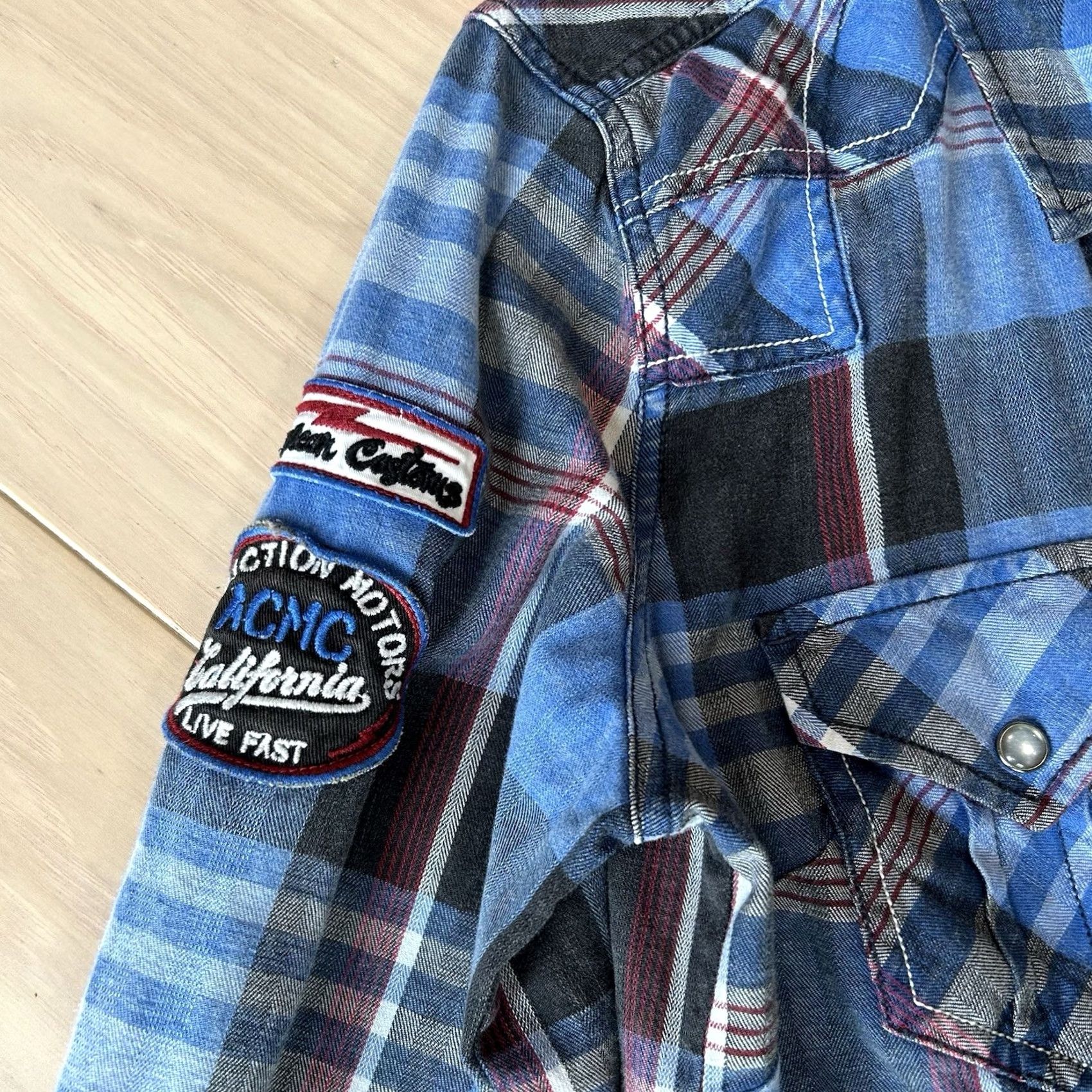 Affliction Affliction Button-Up Shirt Women’s Small Blue Plaid Lace-Up Embroidered Rhinestone Knit Long Sleeve Casual Top Size S / US 4 / IT 40 - 4 Thumbnail