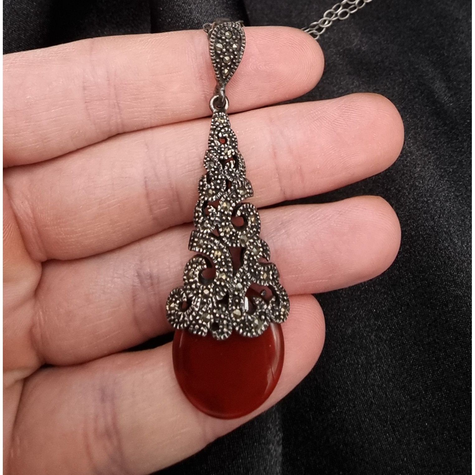 Vintage Vintage Late XX Century Carnelian & Marcasite Sterling Silve Size ONE SIZE - 4 Thumbnail